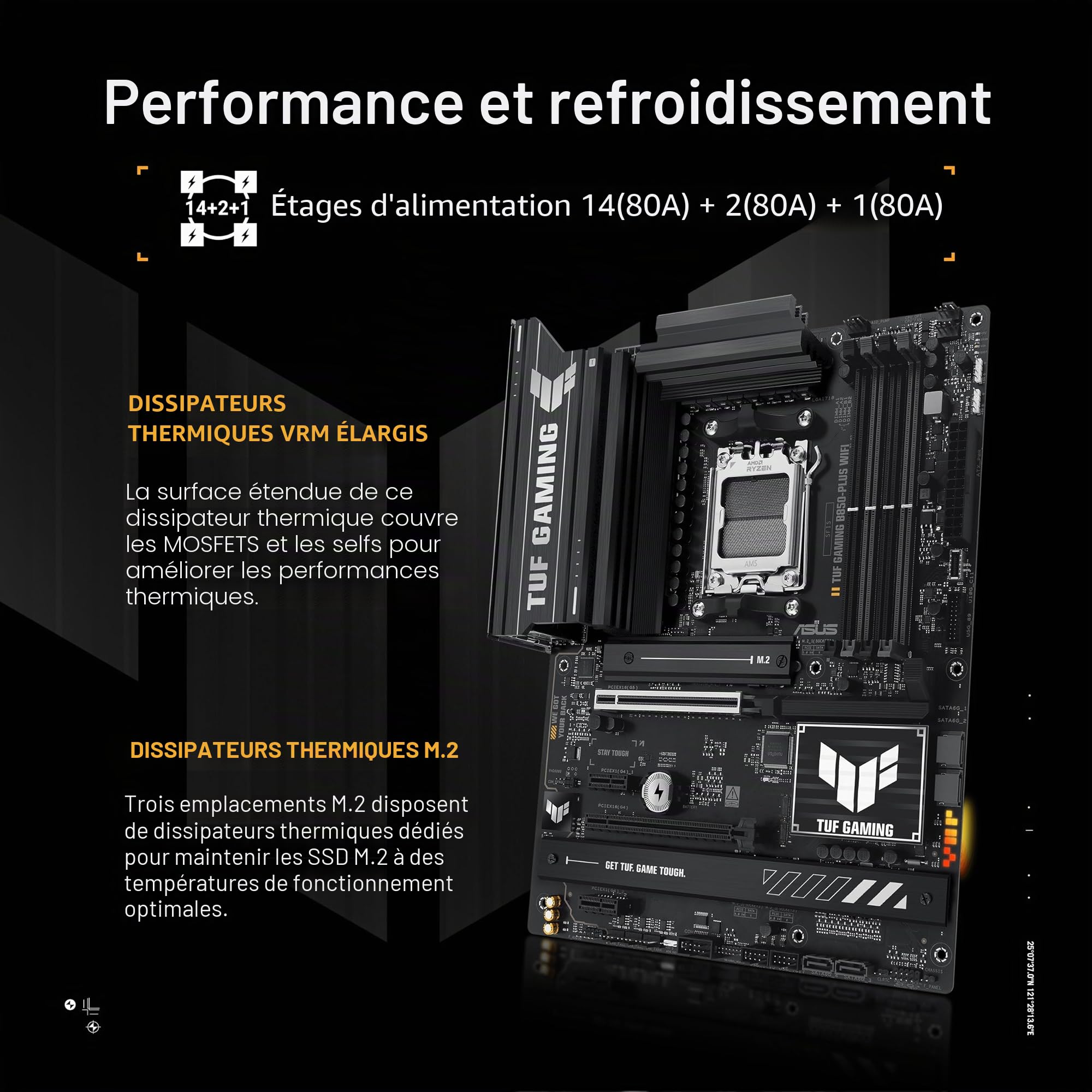 ASUS TUF Gaming B850-PLUS Carte mère AMD AM5 B850 ATX, 14+2+1 étapes 80A, compatible IA, DDR5, PCIe 5.0, 3X M.2, Wi-Fi 7, LAN 2,5 Go, DisplayPort, HDMI, USB 10 Gbit/s et 20 Gbps Type-C, BIOS Flashback