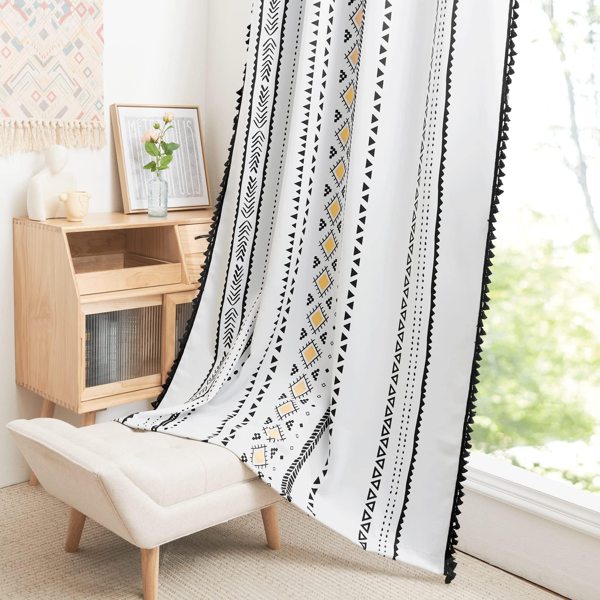NICETOWN Rideaux occultants en macramé bohème blanc de 213,4 cm de long, 2 panneaux, rideaux à œillets décoratifs jaunes et noirs pour salon, chambre à coucher, 132,1 x 213,4 cm (l x L)