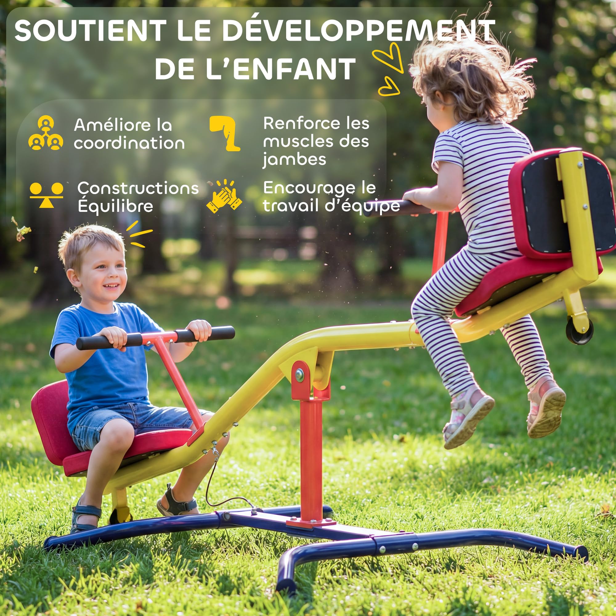 AIYAPLAY Balançoire à Bascule Enfant, trébuchet Rotatif 360°, 3 à 12 Ans | Sièges rembourrés avec dossiers, capacité 200 kg, 253 x 96 x 75 cm, multicolore