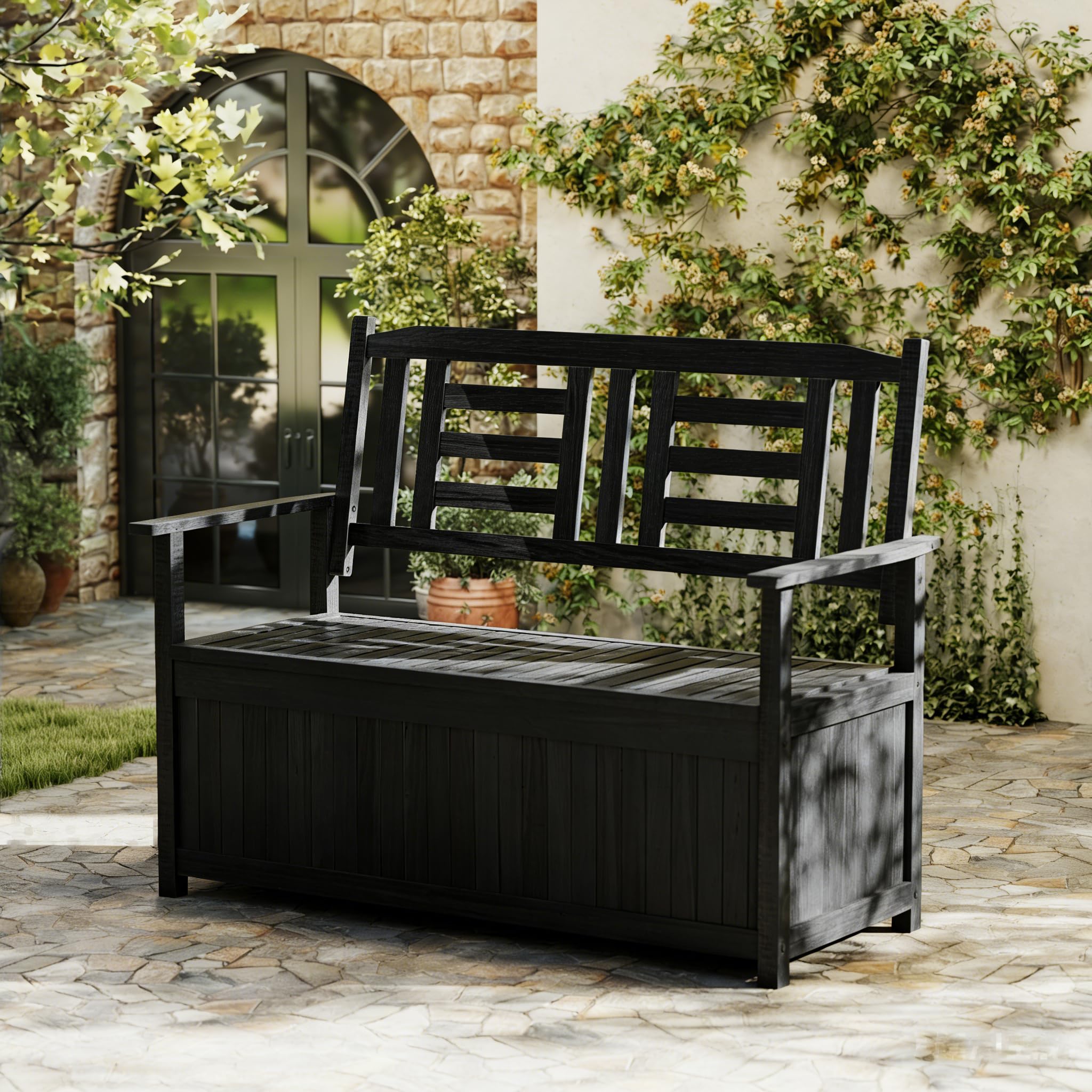 KOMFOTTEU Panchina da giardino a 2 posti, con spazio di archiviazione, panca esterna in legno di pioppo resistente alle intemperie, panca in legno con braccioli e schienale fino a 250 kg, panca da 123