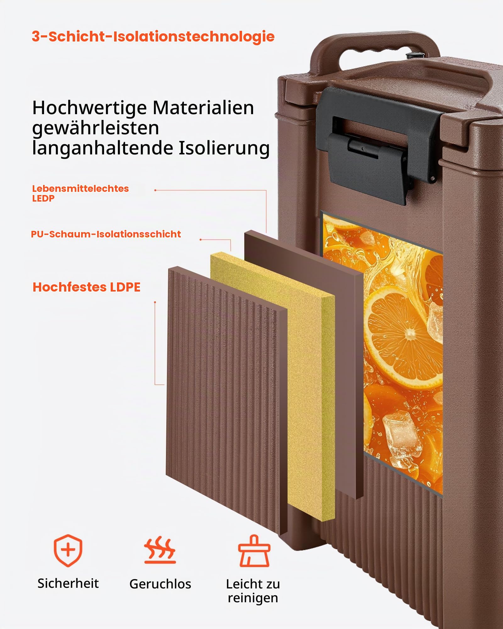 VEVOR isolierter Getränkespender 19 L Heiß- und Kaltgetränkespender mit Zapfhahn & Griff, lebensmittelechter Thermo-Getränkespender-Kühler für Tee Kaffee Wasser in Cafés und Restaurants, Braun
