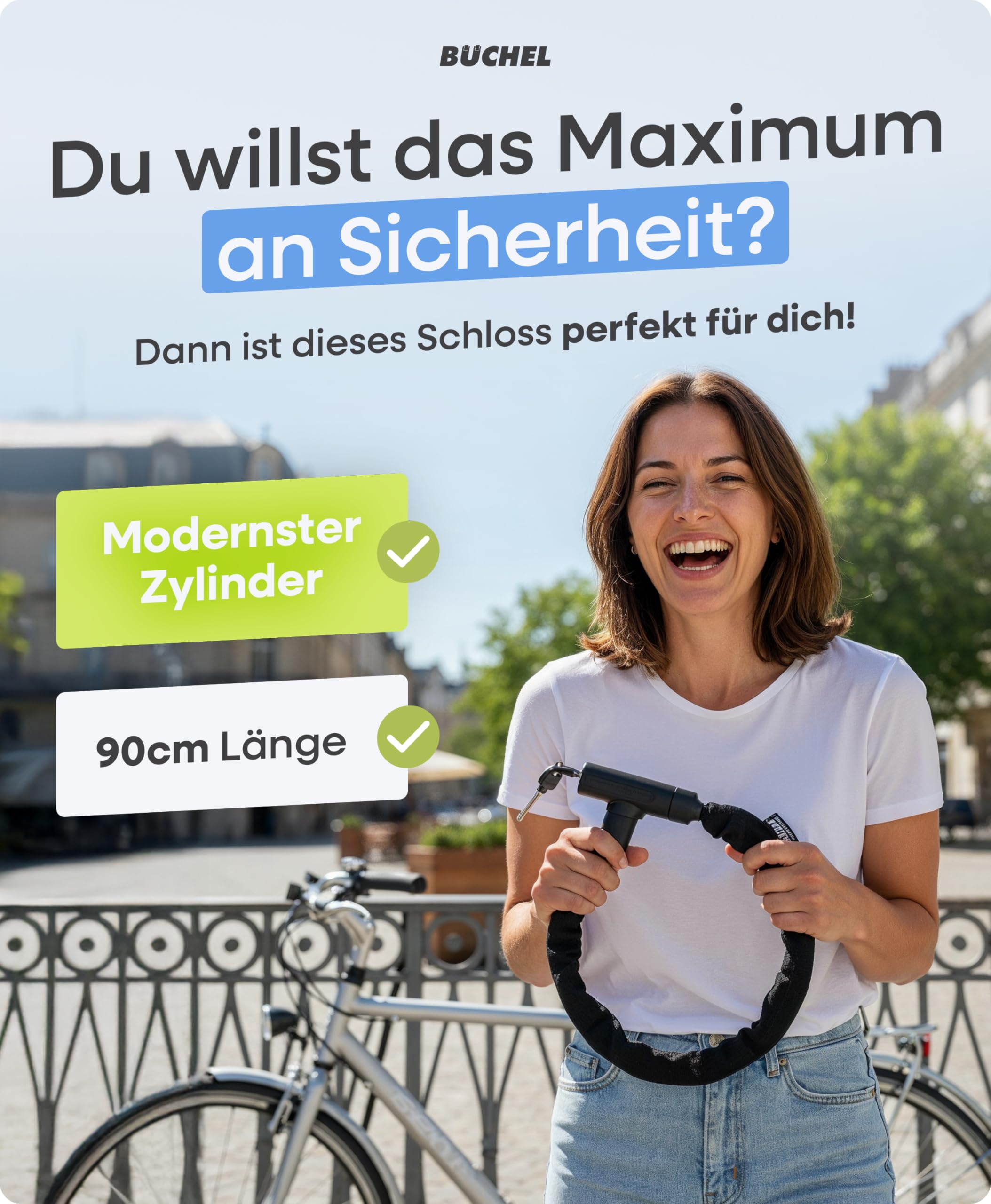 BÜCHEL Sekura Fahrradschloss Hohe Sicherheit - 90 cm Bike Lock mit Disc Detainer Lock aus 8 mm gehärtetem Stahl - Kettenschloss E-Bike, Fahrräder, Roller & Co für Stadt Schule Arbeit Freizeit