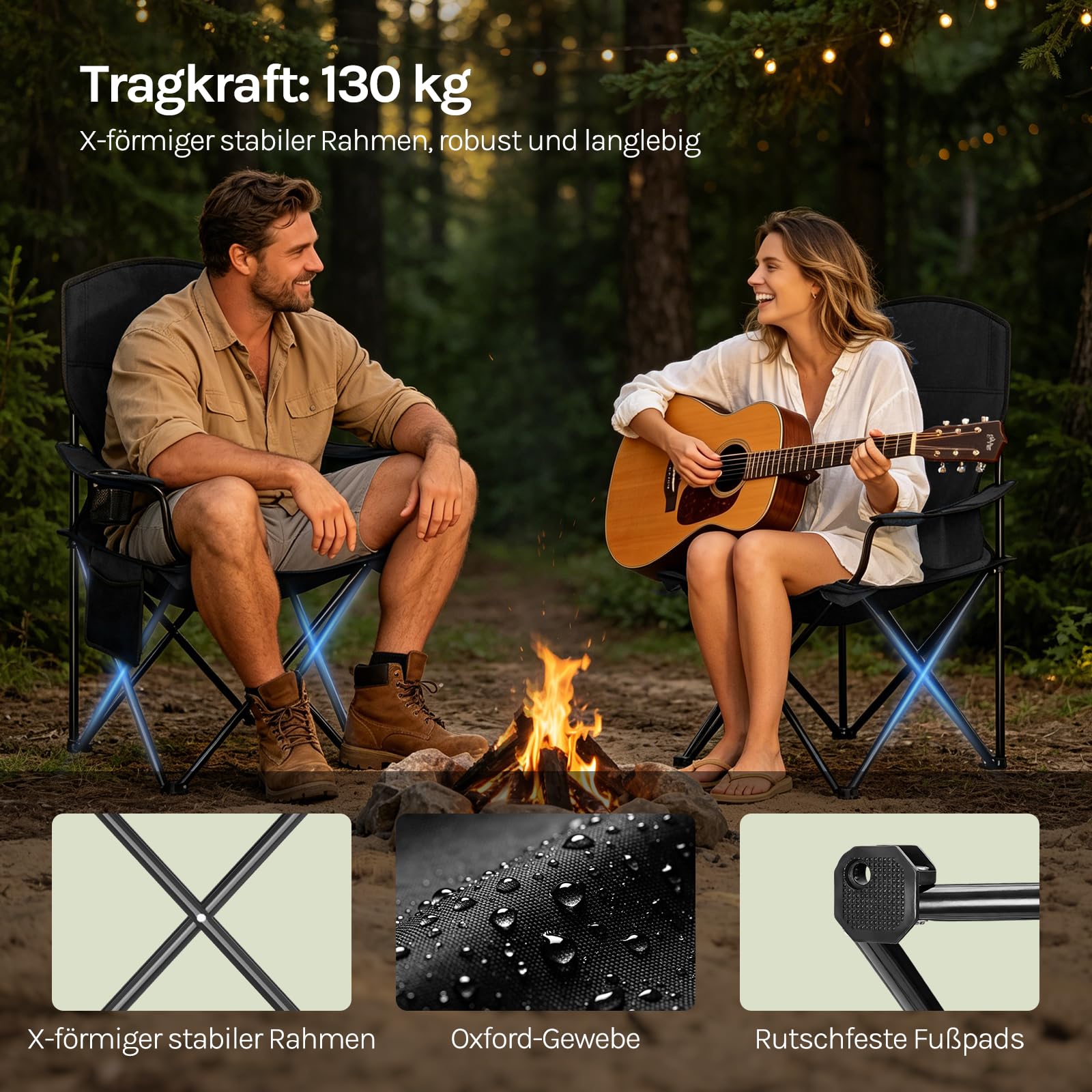 WOLTU Campingstuhl 2er Set Klappstuhl Faltbar bis 130 kg Belastbar mit Getränkehalter Seitentasche & Kühltasche, Outdoor Angelstuhl Camping Klappstuhl für Strand Angeln,Schwarz