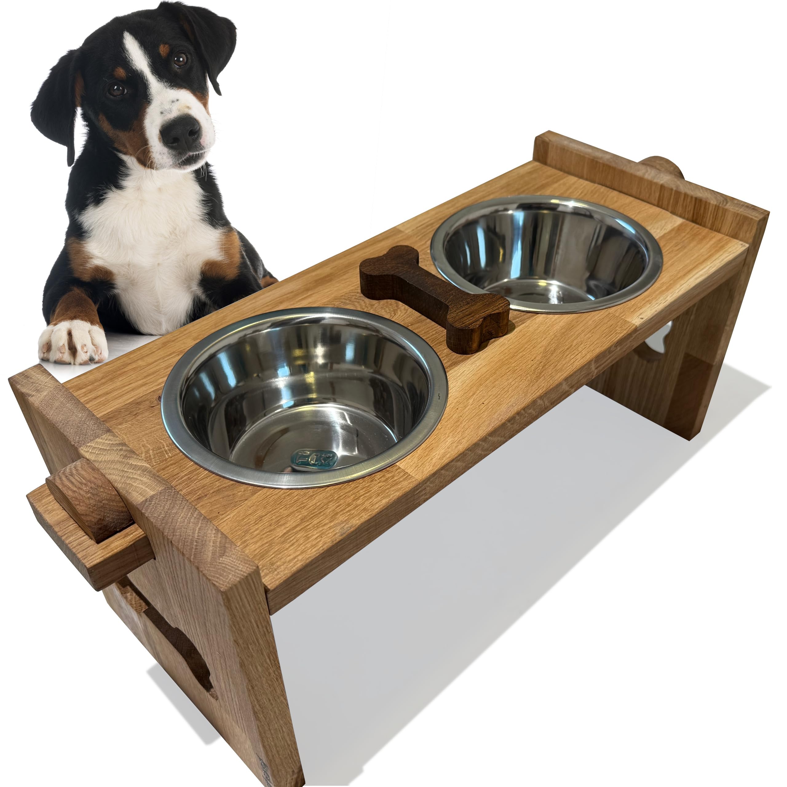 Lot de 2 gamelles surélevées pour chiens de grande taille et petits chiens en acier inoxydable et bois de chêne (XL)