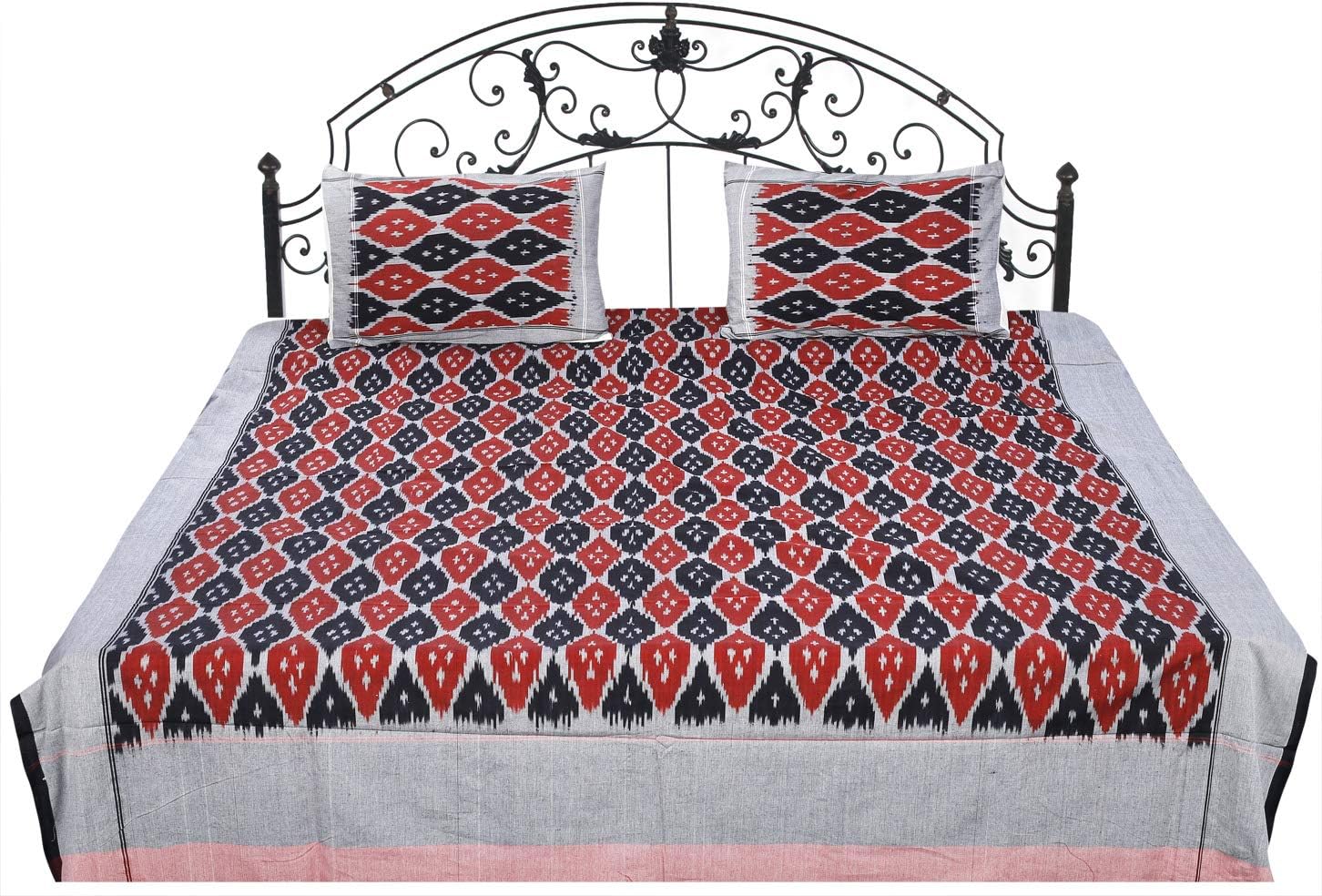 Exotic India Ikat Handloom Bedspread from Pochampally with Pattern Weave in Multi-Color Thread - Pure Cotton with - Color Raw Amber Color