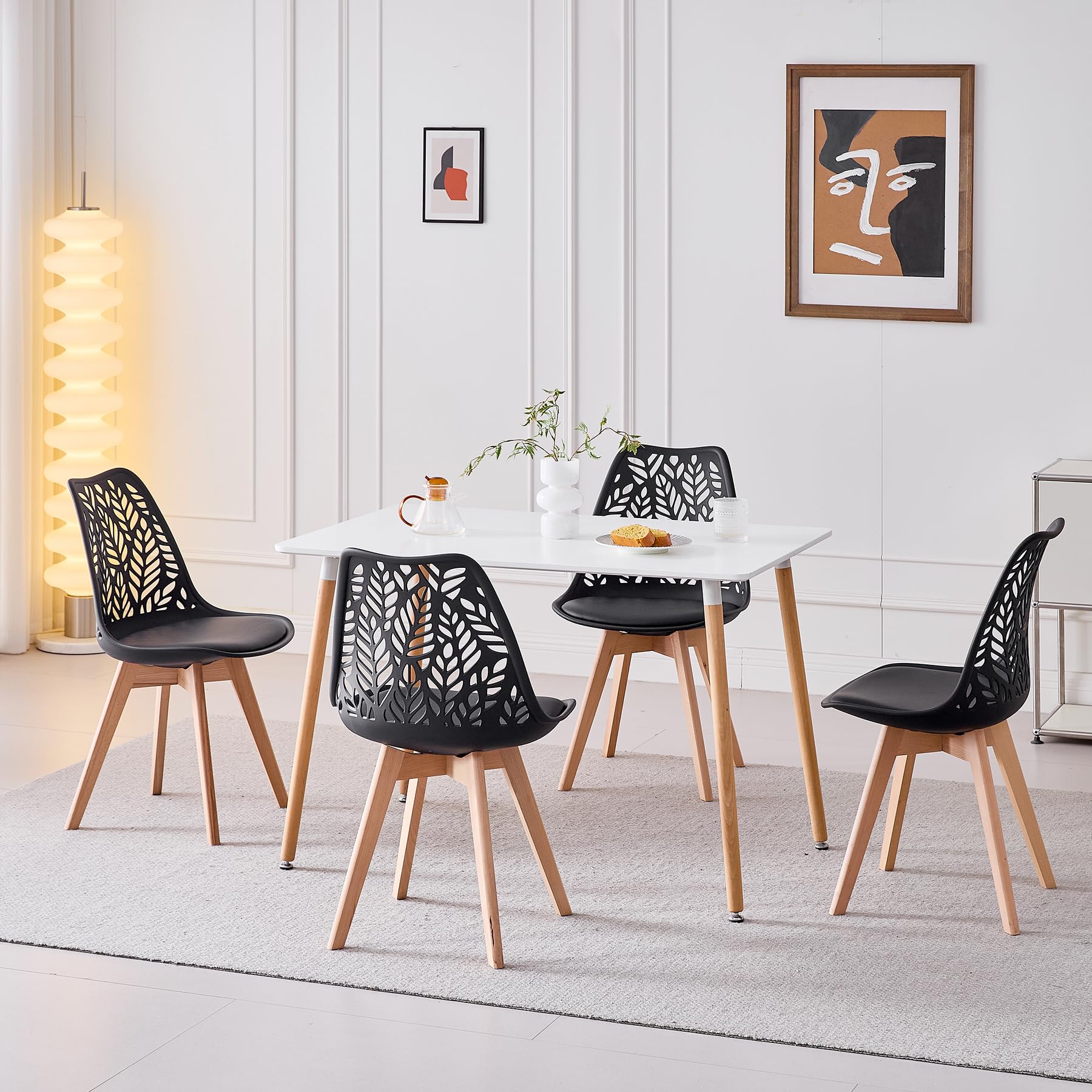 Lot de 6 chaises de Salle à Manger de Style Nordique Chaises de Cuisine aux Pieds en Bois Massif,Dossier ajouré et revêtement en Similicuir pour salles à Manger, Cuisines et Salons,Blanc