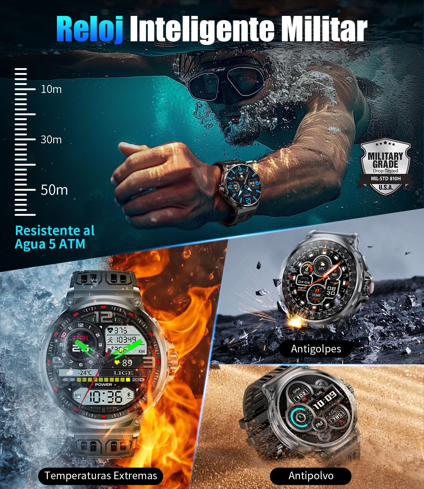 Reloj Inteligente Hombre con Batería Grande de 800mAh, 1.85'' Grande Smartwatch con Llamadas Bluetooth, Monitoreo de la Salud, Monitoreo de Fitness, 100+ Modos Deporte, IP68 Impermeable, Android iOS
