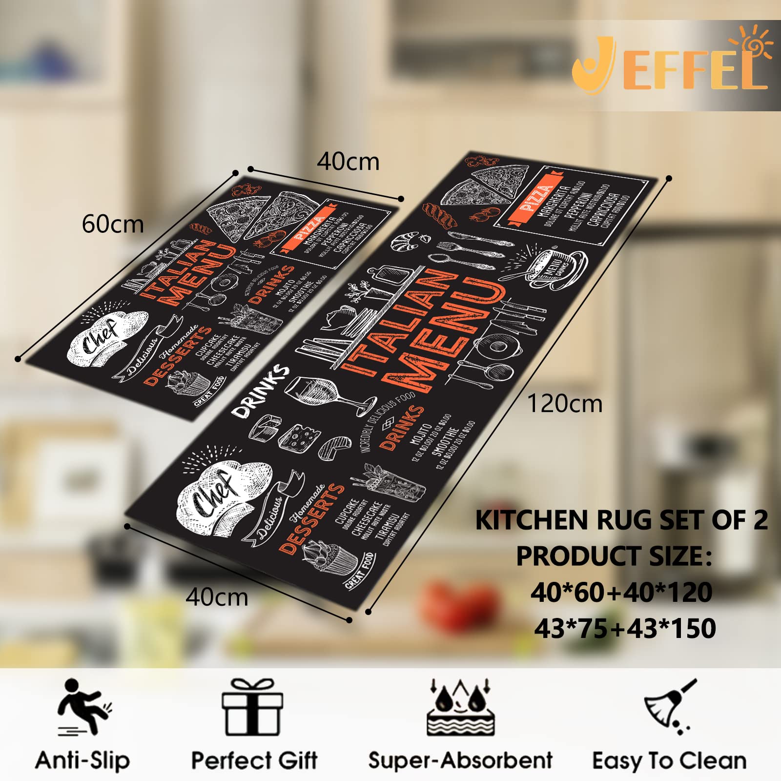 Set di tappetini da cucina, antiscivolo, resistenti, 2 pezzi, lavabili, per cucina, lavanderia, camera da letto (A, 40x60+40x120cm)