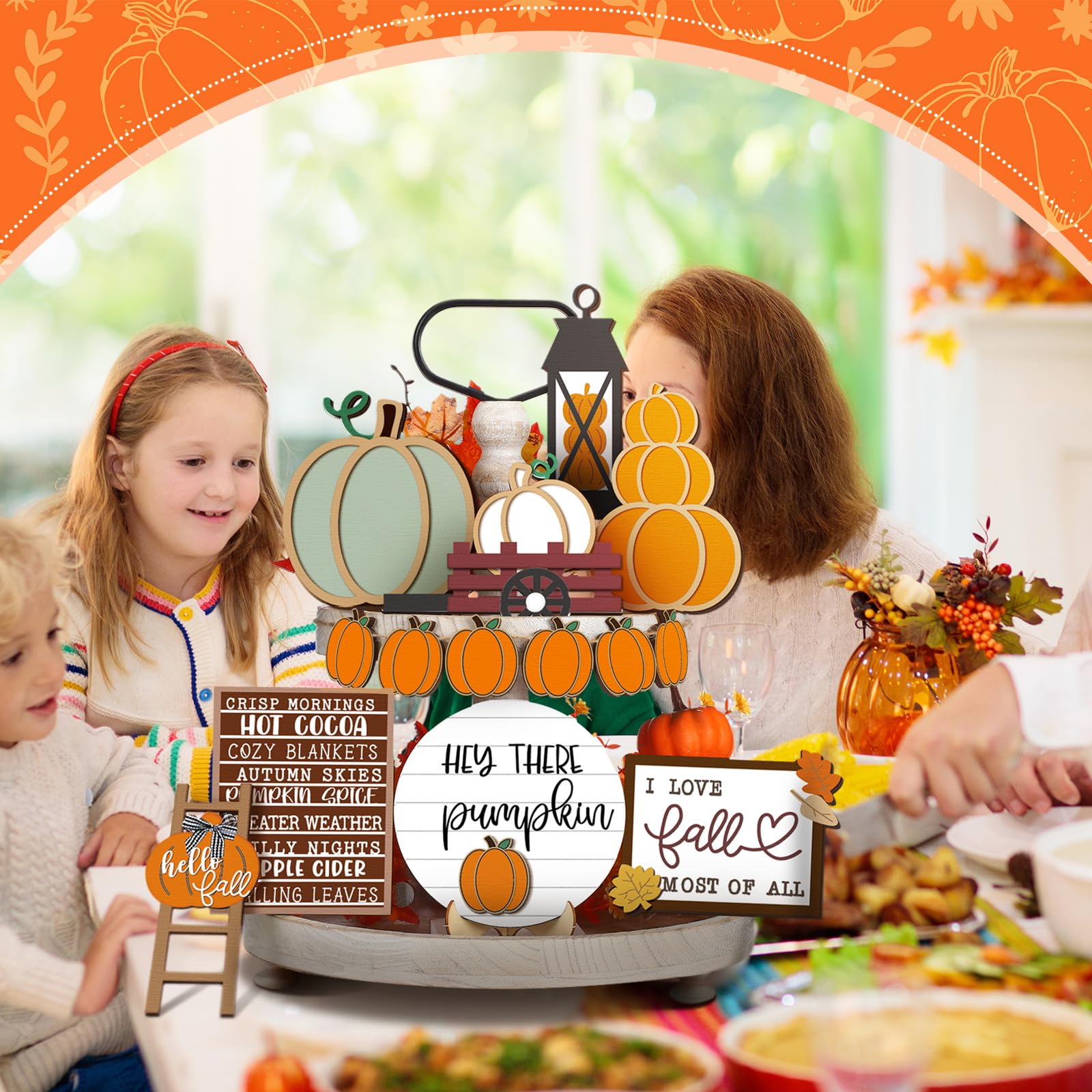 1 Set Thanksgiving Fall Tiered Tray Decor Set - Autumn Pumpkin Leaves Rustic Farmhouse Decorative Trays - Wooden Tabletop Signs for Home Kitchen (Rustic Style)