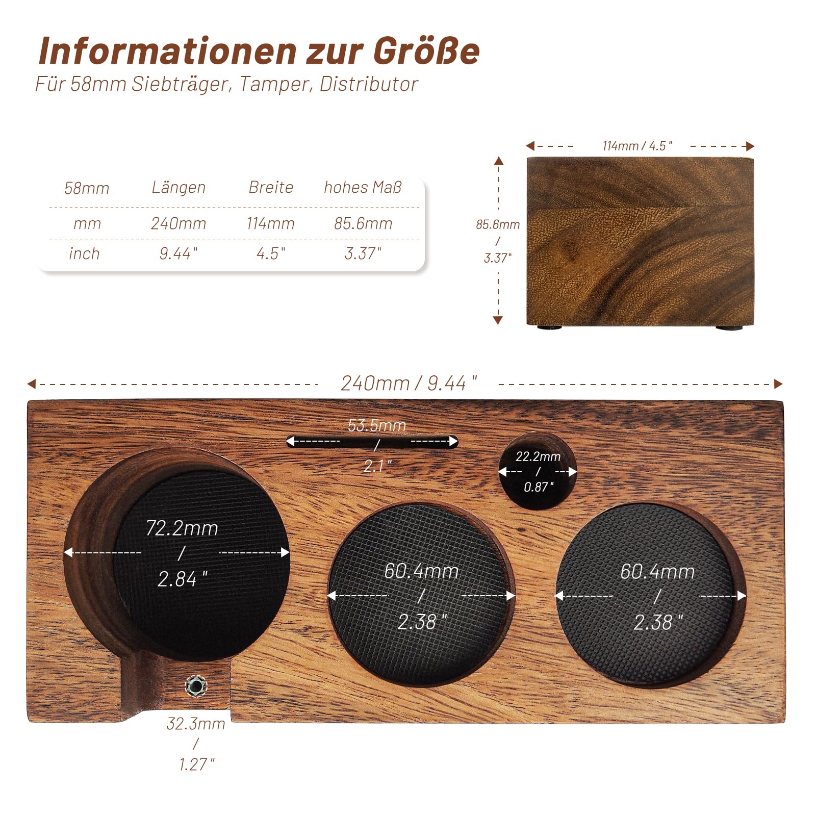 NOTSEK Estación de tamping de madera de 58 mm para accesorios portafiltros, estación de prensado de nogal para cafetera espresso barista accesorios