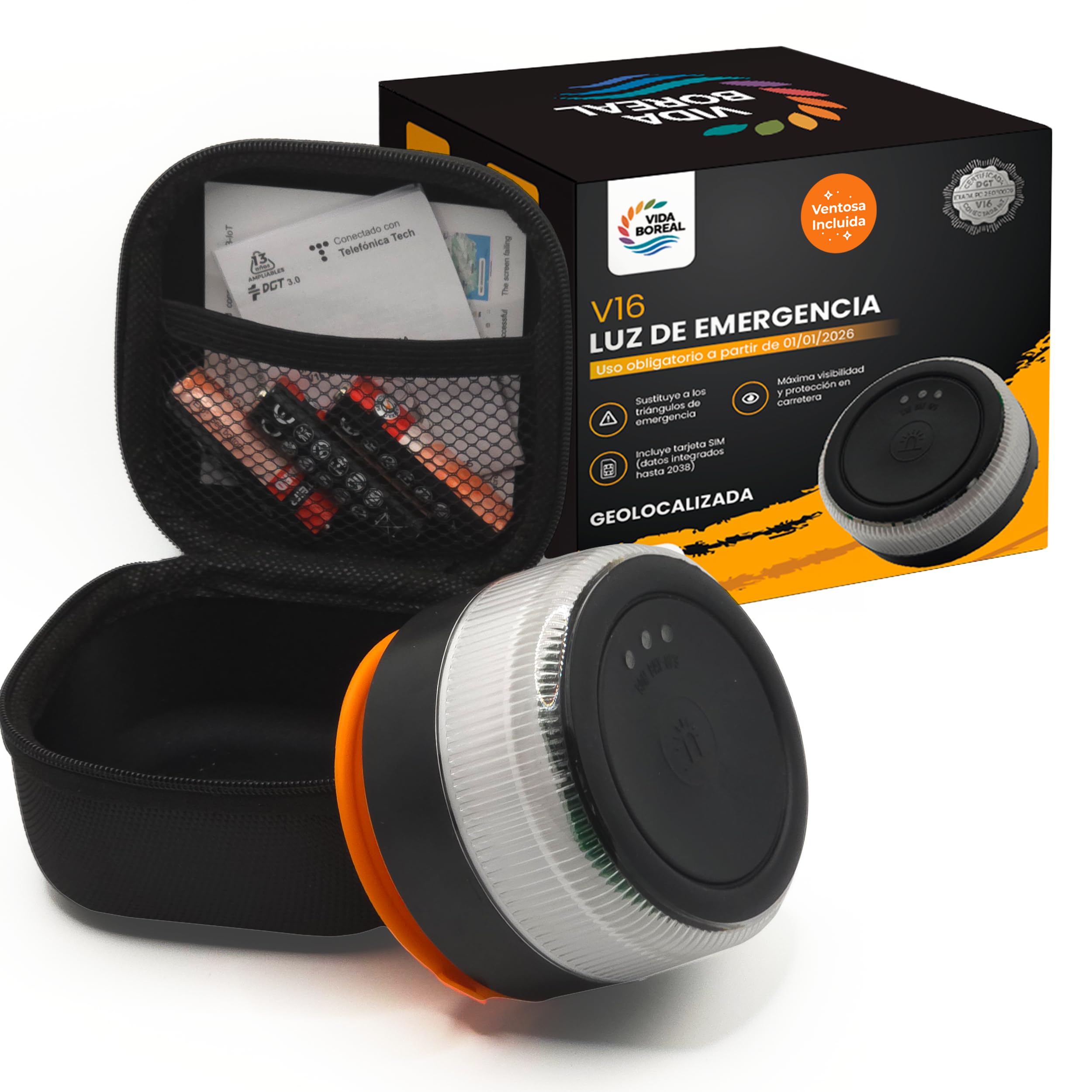Baliza V16 Luz Emergencia Geolocalización | Homologada DGT 3.0 para Coches y Motos | SIM Datos hasta 2038 | Pilas, Estuche y Ventosa Incluidos, Indicadores Triple LED