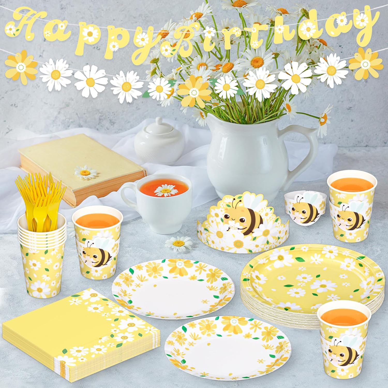 DYLIVeS Yellow Daisy Party Decorations, 192pcs Summer Supplies With Plates, Napkins, Cups, Sleeves, Bee Hats, Banner, Forks for Girls Birthday Baby Shower