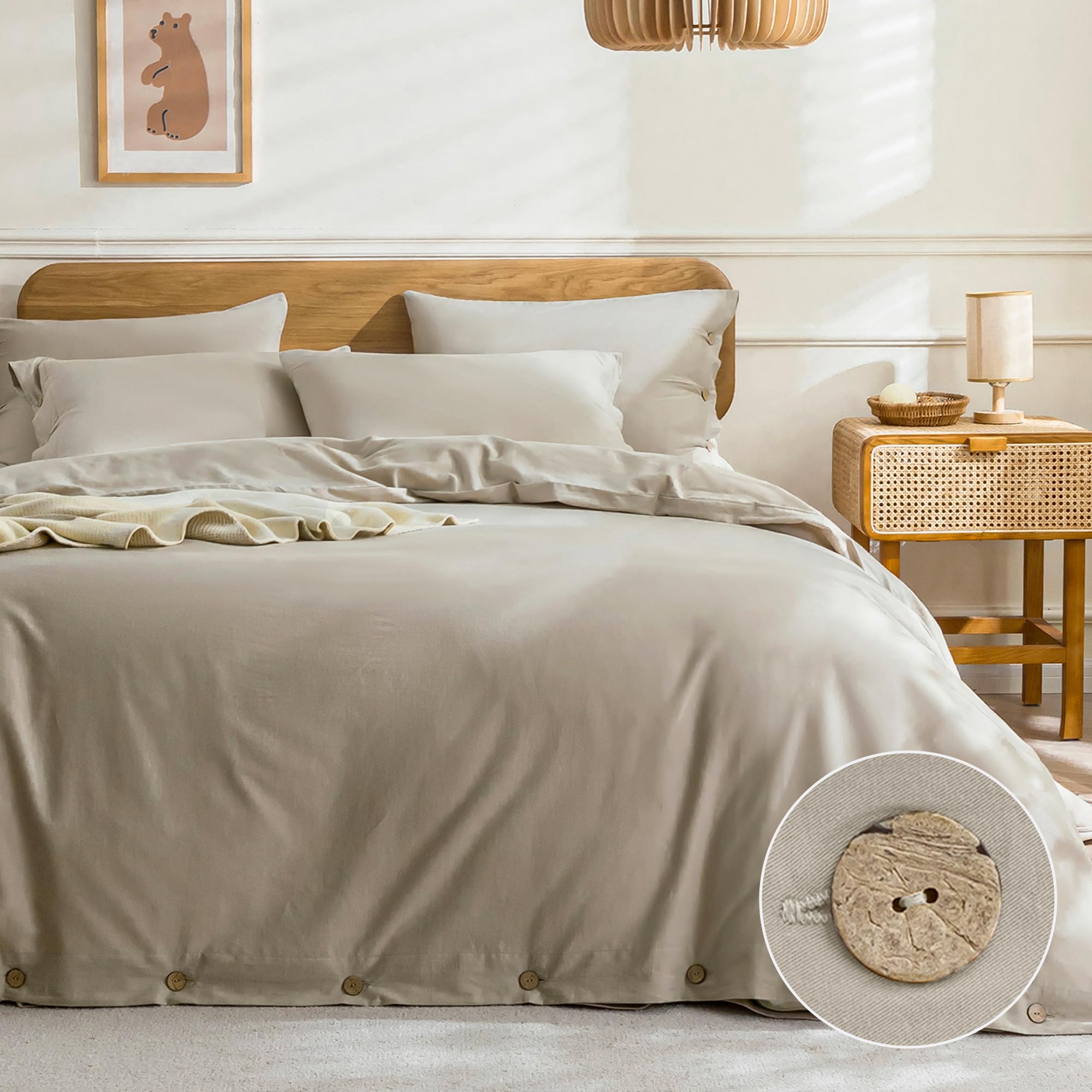 JELLYMONI Cotton Duvet Cover Queen Size - Linen Gray Comforter Cover with Button 100% Washed Cotton 3PCS Breathable Soft Solid Bedding Set Duvet Cover 90×90in &amp; 2 Pillowcases (NO Comforter)