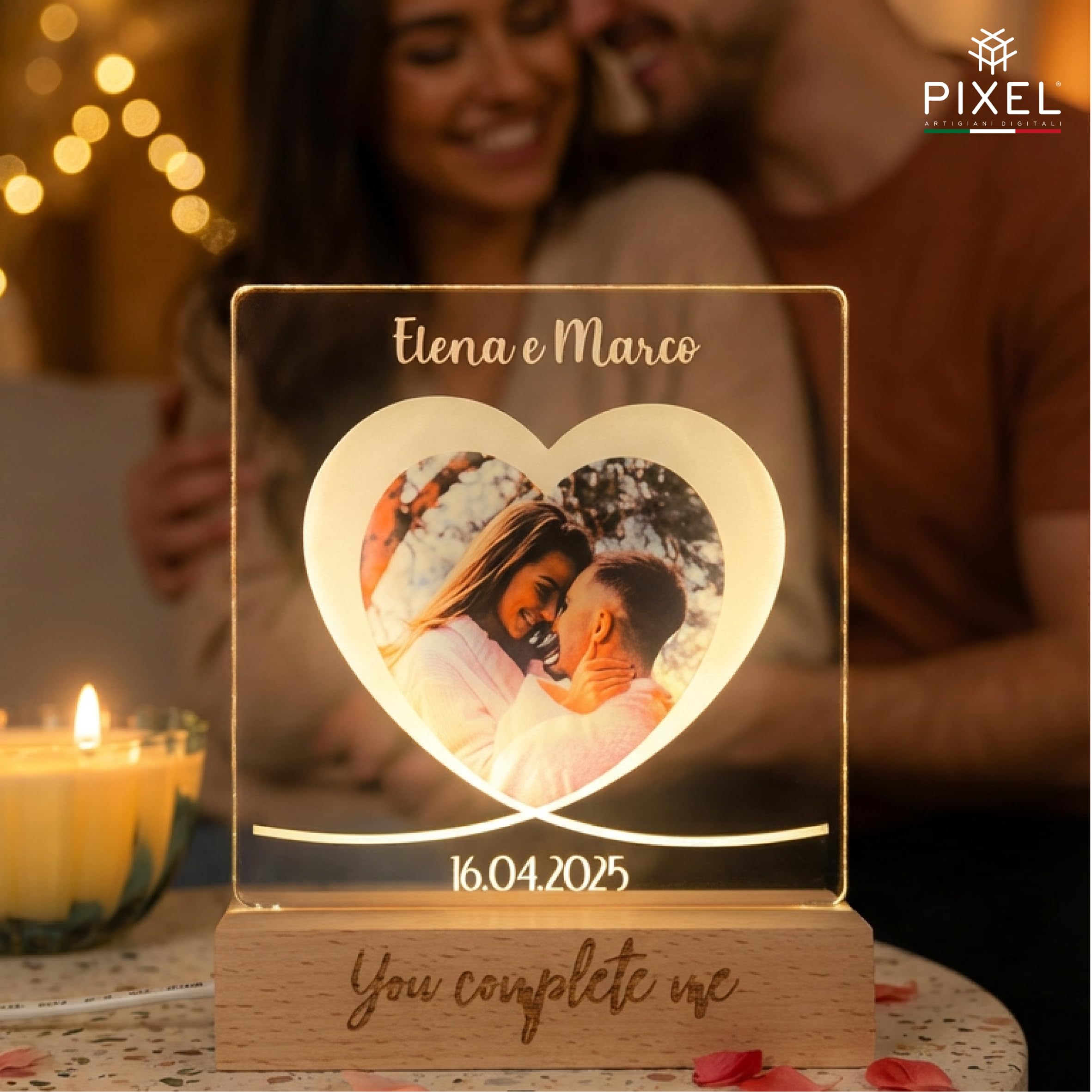 Pixel Artigiani Digitali Lampada a Forma di Cuore con Foto Personalizzata – Idea Regalo per Coppia, Fidanzati, Anniversario, San Valentino – Luce - festa del papà – idea regalo Natale - Made in Italy