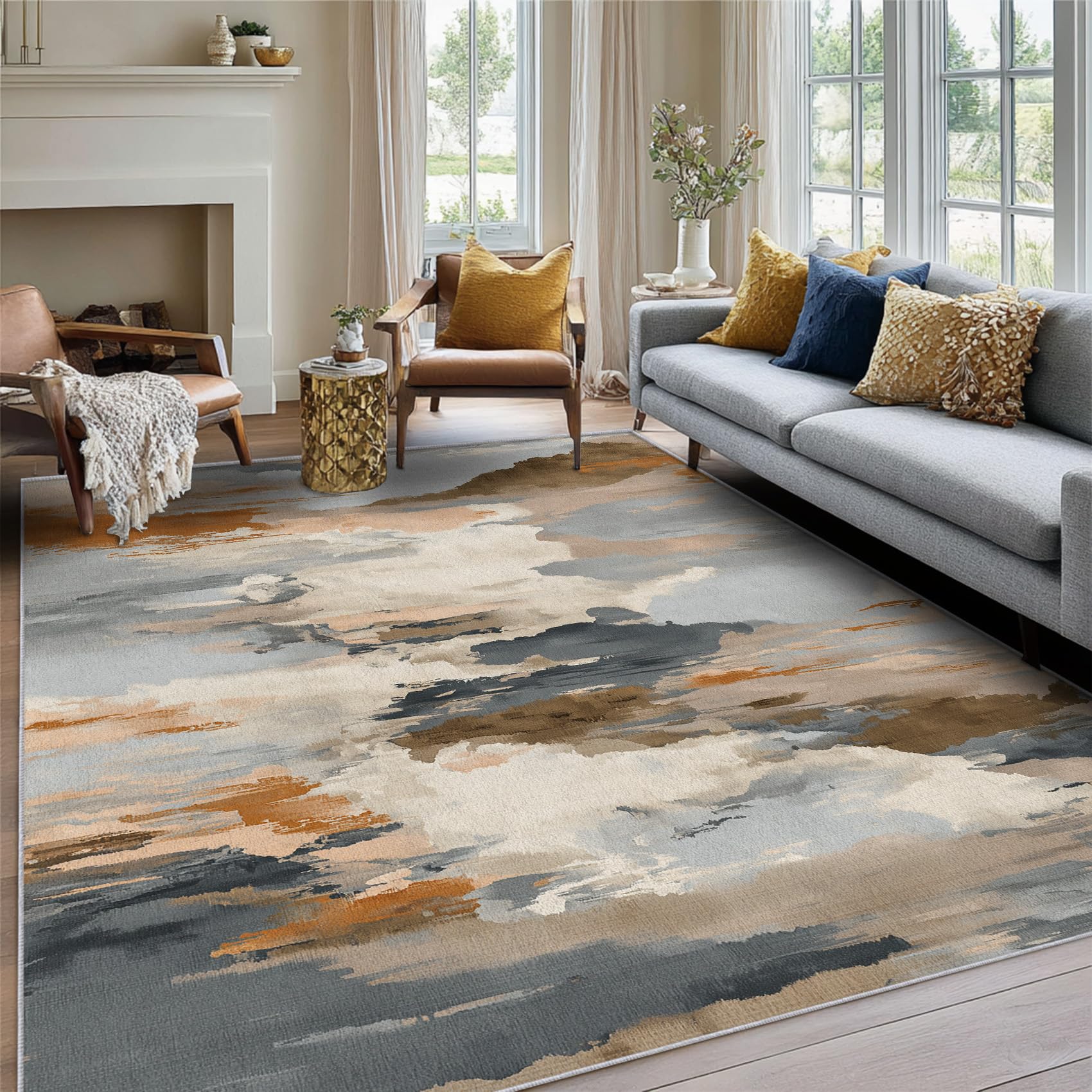 Distressed Rug for Living Room 120 x 170 cm, Abstract Modern Industrial Style Rugs Non Slip Low Pile Washable for Bedroom Kitchen, Distressed Decor Area Rug Home Accessories Carpet,