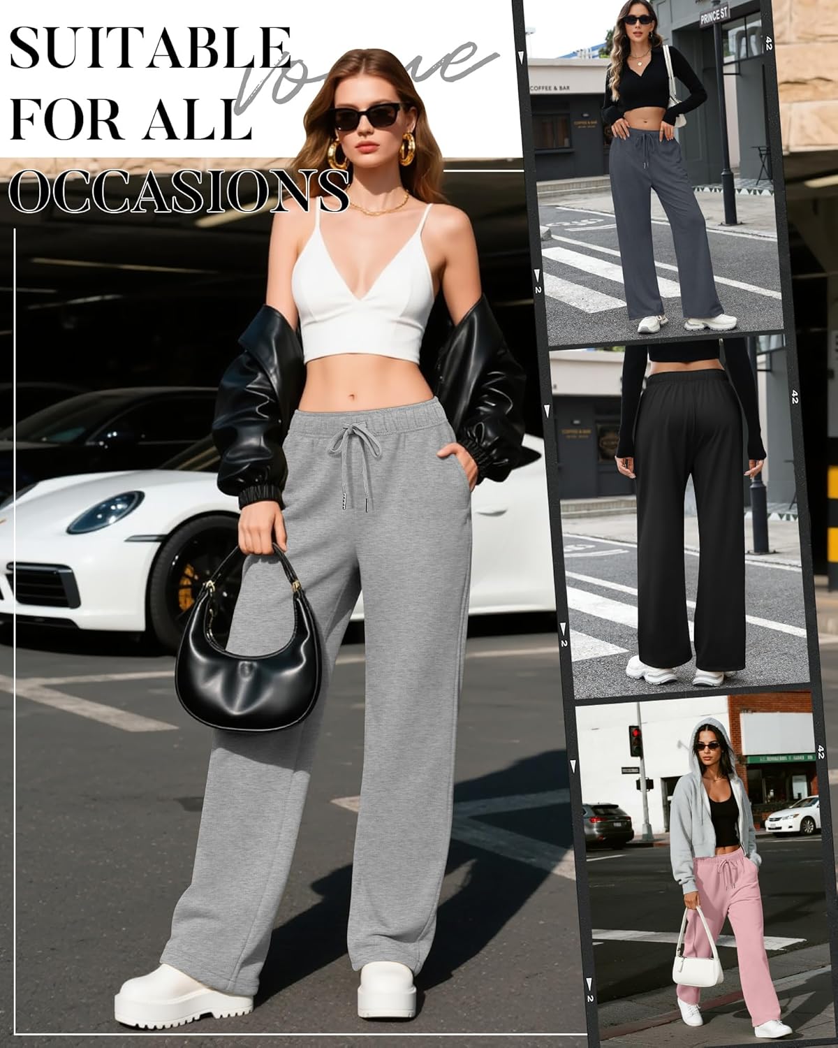 4 Pack Women's Wide Leg Sweatpants Drawstring Lounge Joggers for Women Straight Pants Elastic Waist with Pockets - Image 5