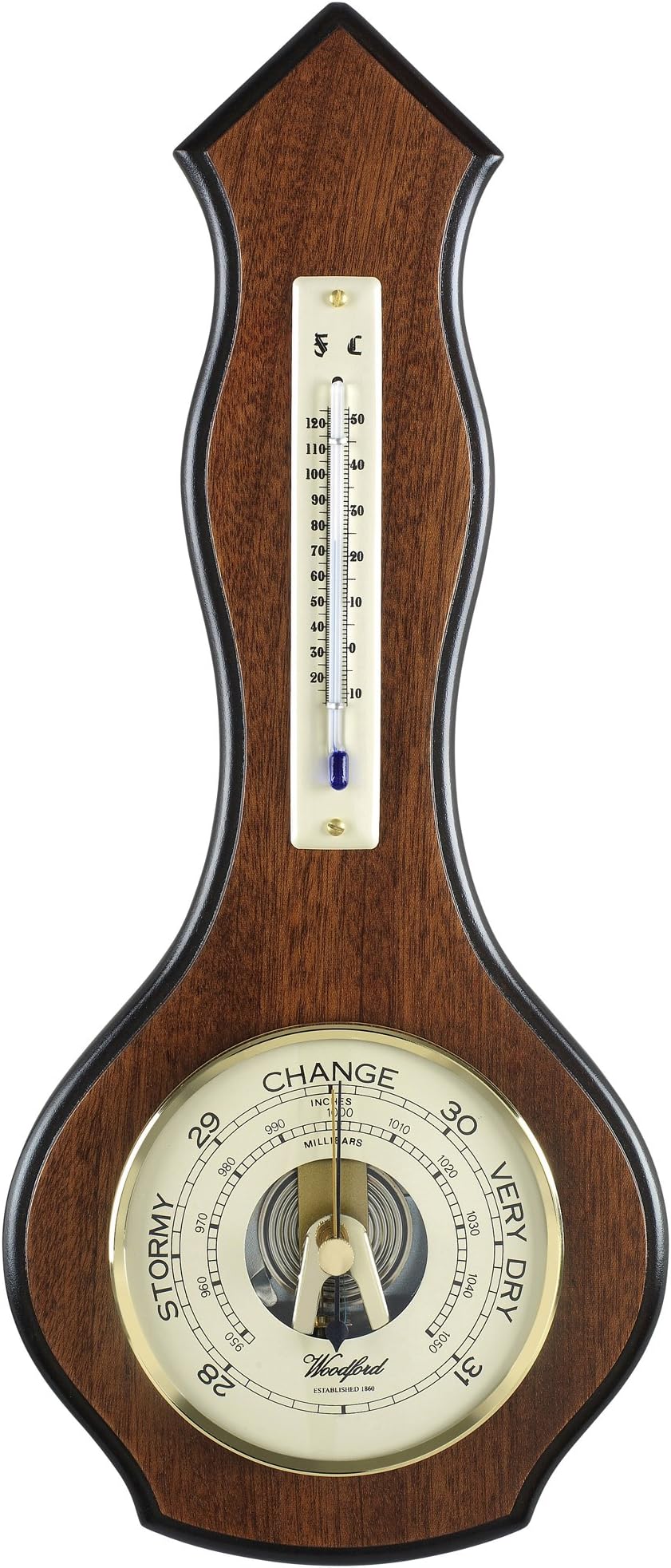 Classic Wall Barometer in Mahogany Veneer with Thermometer. Made in the UK
