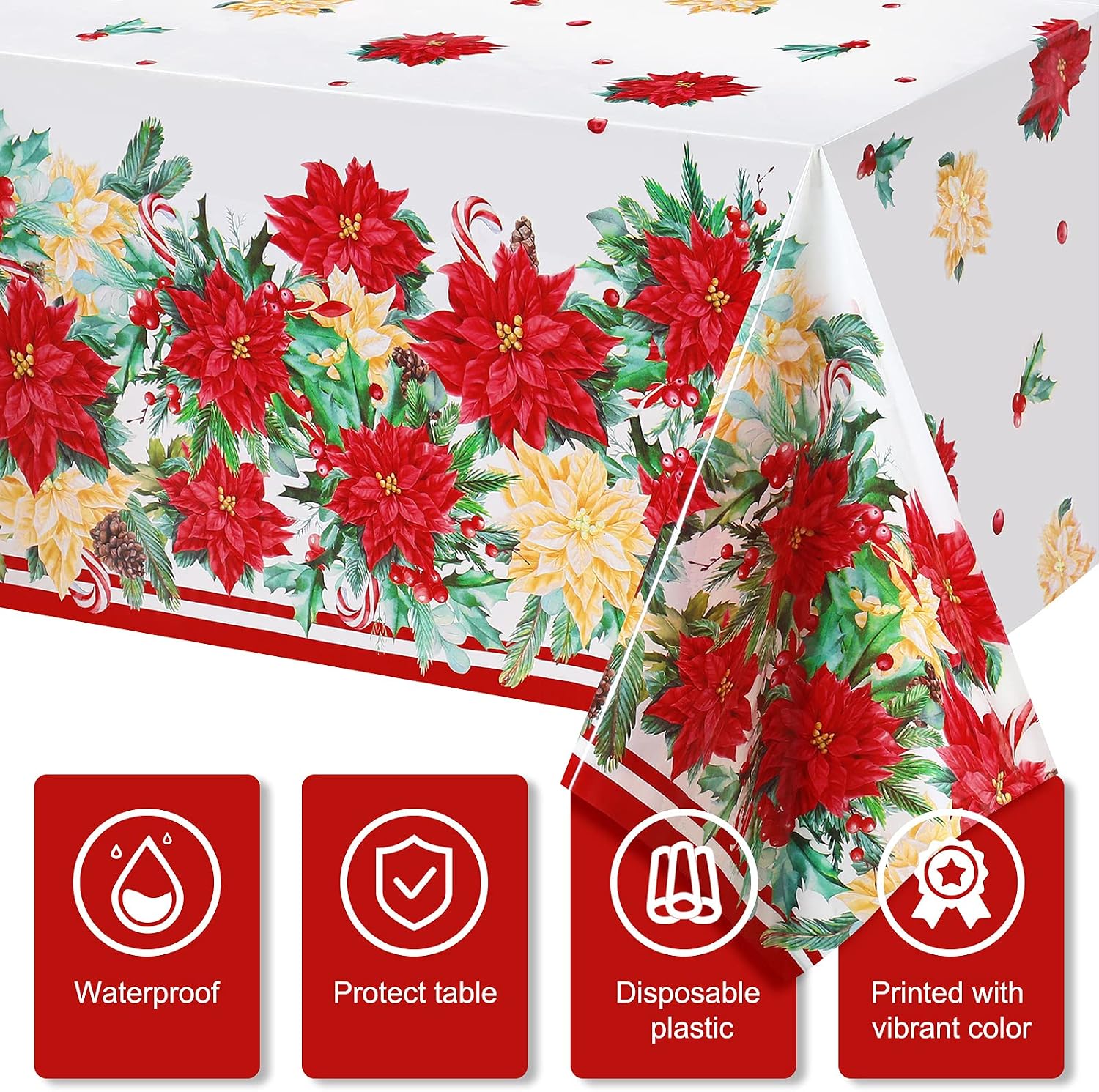 Irenare 3 Pcs Christmas Tablecloth, 54x108inch, Disposable, Rectangle, Plastic Christmas Poinsettia Tablecloths Holly Poinsettia Table Covers Xmas Table Covers for Xmas Holiday Party Supplies Decor