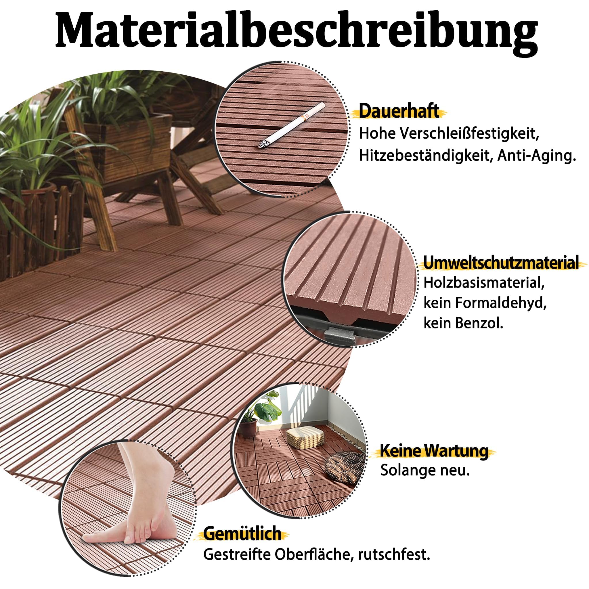 ACXIN WPC Baldosas de terraza, baldosas de plástico con aspecto de madera, azulejos de terraza, azulejos de balcón, se pueden cortar, para jardín/balcón/terraza (33, marrón rojo, 30 x 30)