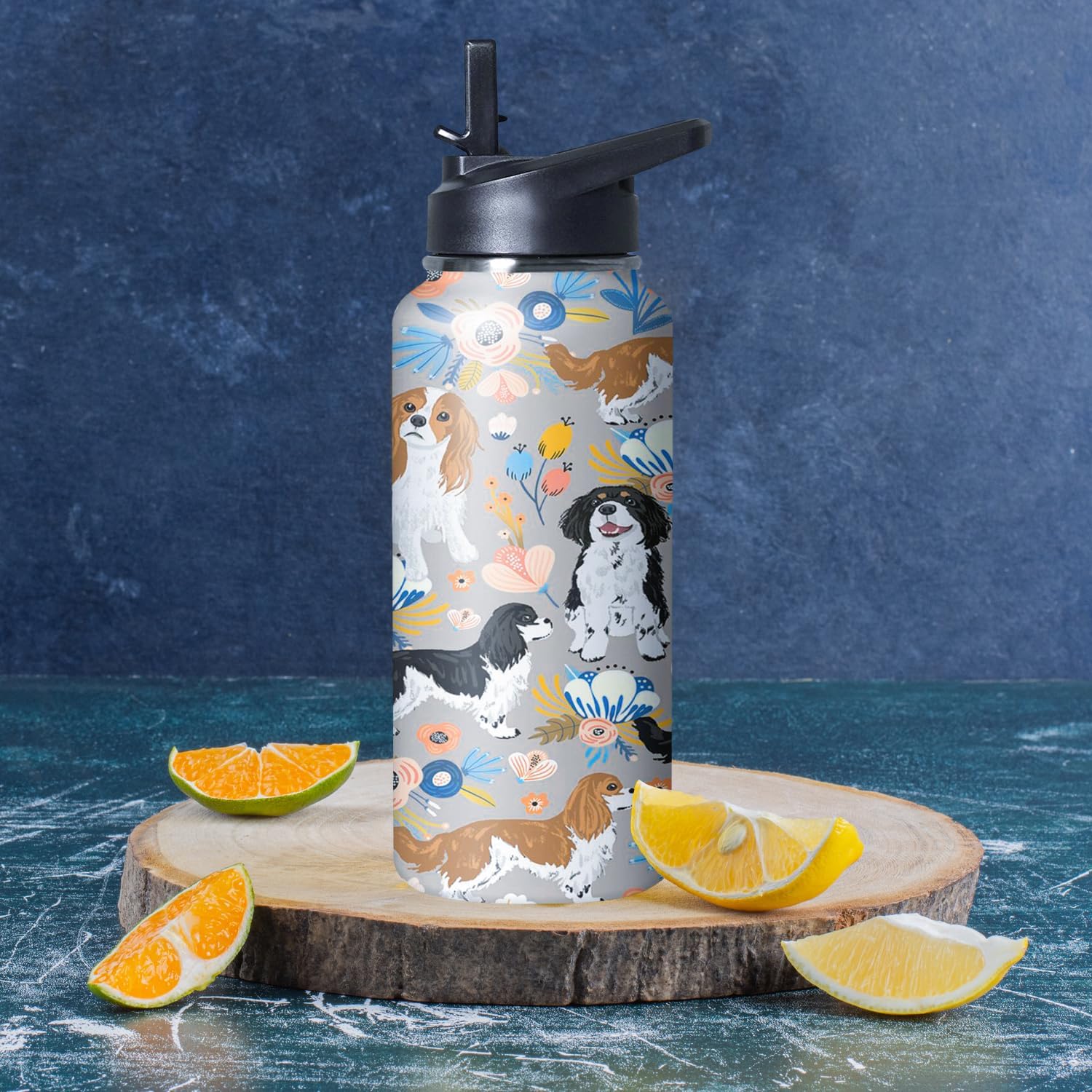 32 oz Cavalier King Charles Spaniel Water Bottle Cute Dog Tumbler Cavalier King Charles Spaniel Gifts Insulated Water bottle with Straws and Flip Lid Stainless Steel Dog Travel Cup