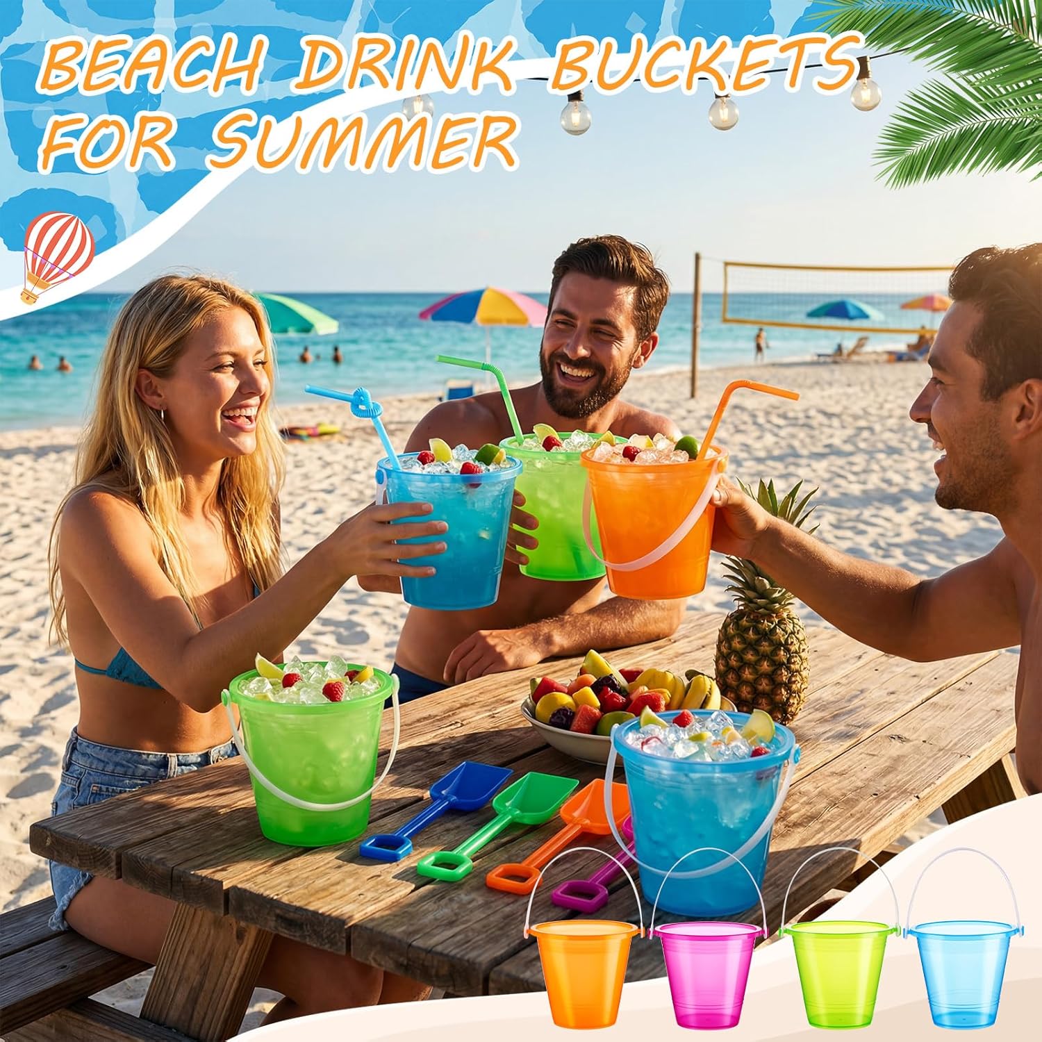 LemonRoad 12 Pack 34oz Large Beach Drink Buckets Bulk with Shovels Disposable Straws Plastic Neon Party Bucket Cups with Handles Reusable Rum Cocktail Buckets for Summer Holiday Birthday Party Favors