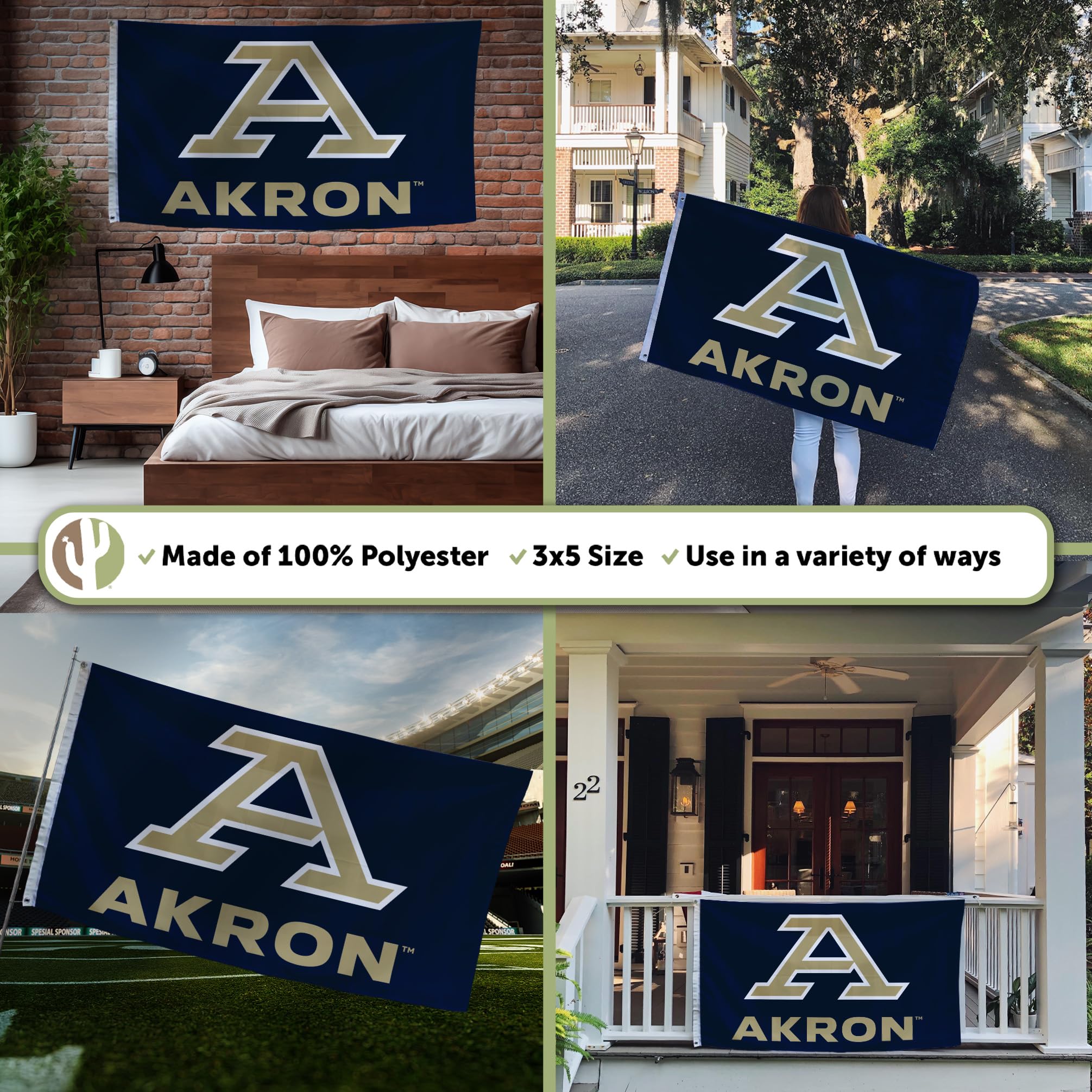 Desert Cactus University Of Akron Flag - Officially Licensed 3x5 Feet, 100% Polyester, Double Sided, Quad Stitched, For Indoor & Outdoor
