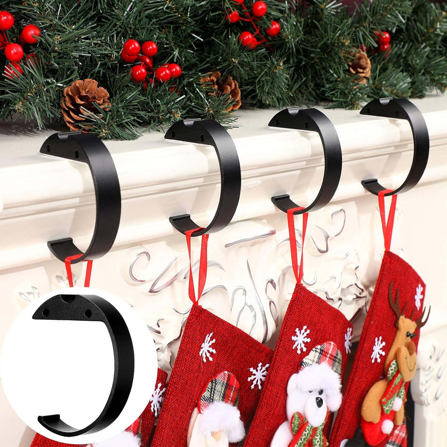 Amyhill Christmas Stocking Holders for Mantle Set 4, Stocking Hooks Fun Semicircle Folding Hanging Non-Slip Hanger for Fireplace and Mantle Home Xmas Party Decoration(Black)