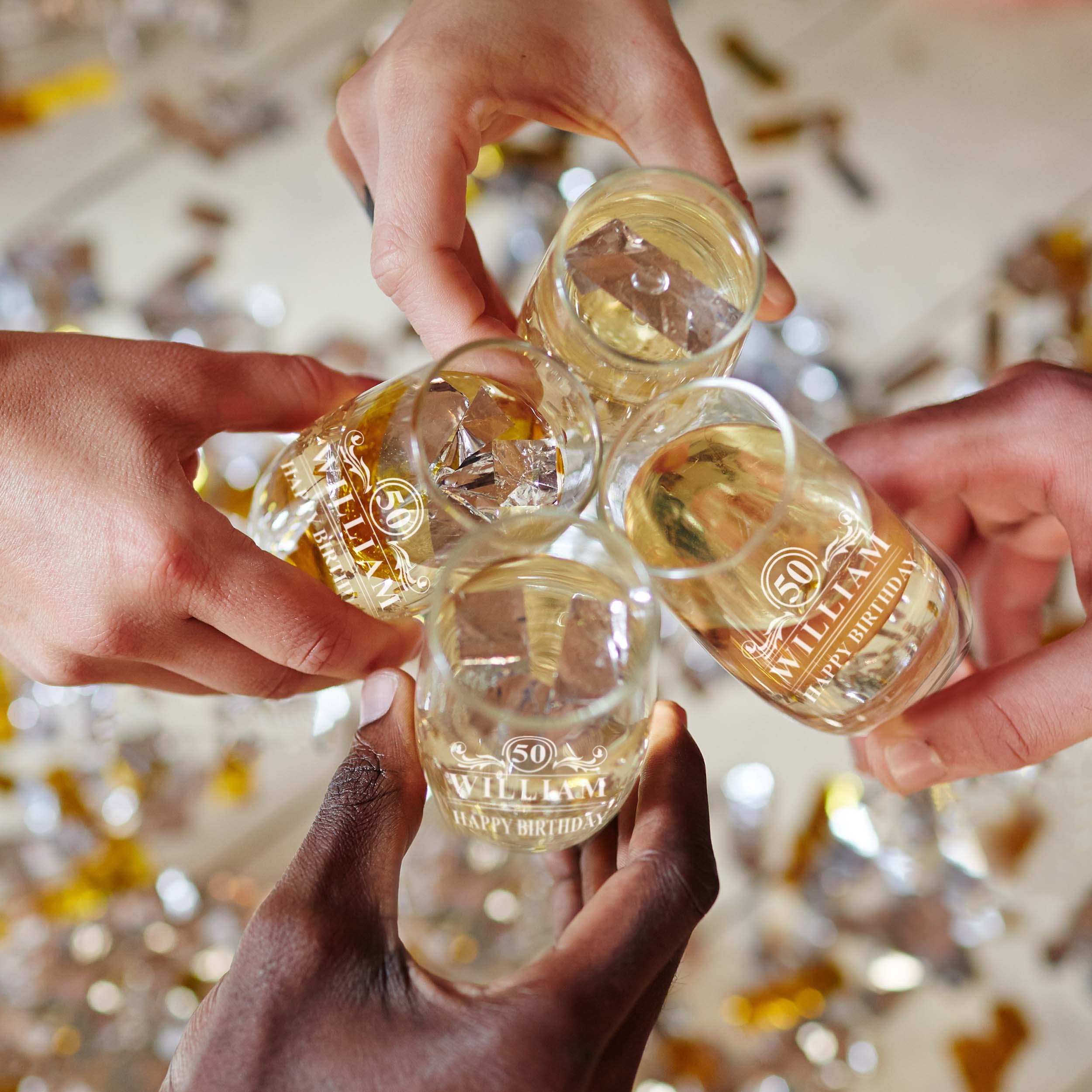 The Wedding Party Store Custom Monogrammed Happy Birthday Wine Glass, Shot Glass, Beer Glass, Champagne Flute - Customized Present for 30th, 40th, 50th, 60th Celebration (6 oz Stemless Flute)