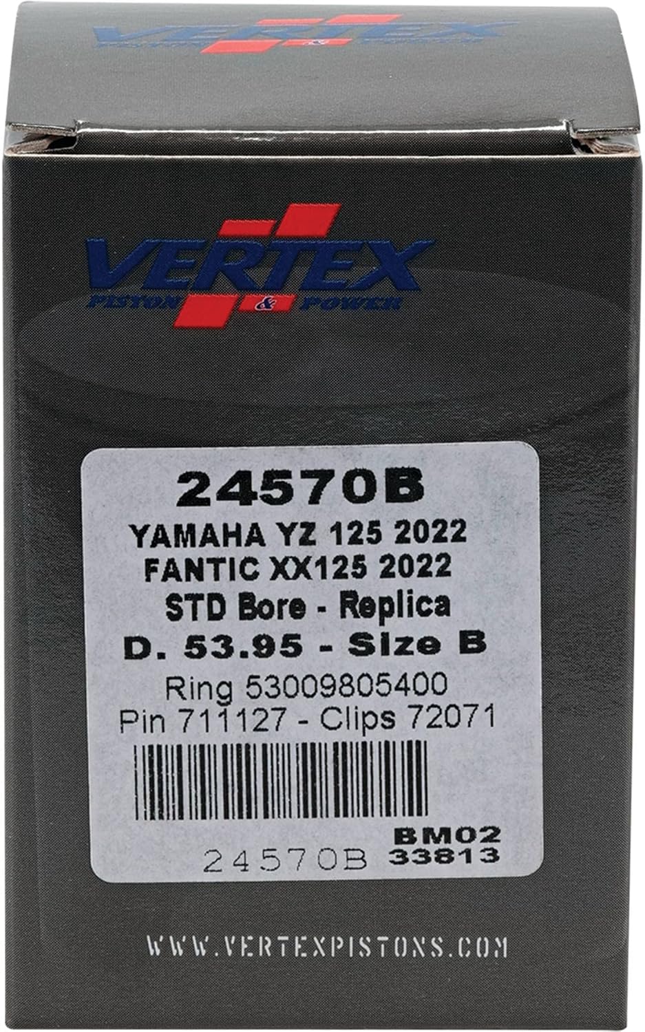 Vertex 24570B Cast Replica Piston Kit Compatible With/Replacement For Fantic XE 125, XX 125 2022, Yamaha YZ 125 2022 STD Compression Ratio, 54 mm Cylinder Diameter, 53.950mm Piston Diameter