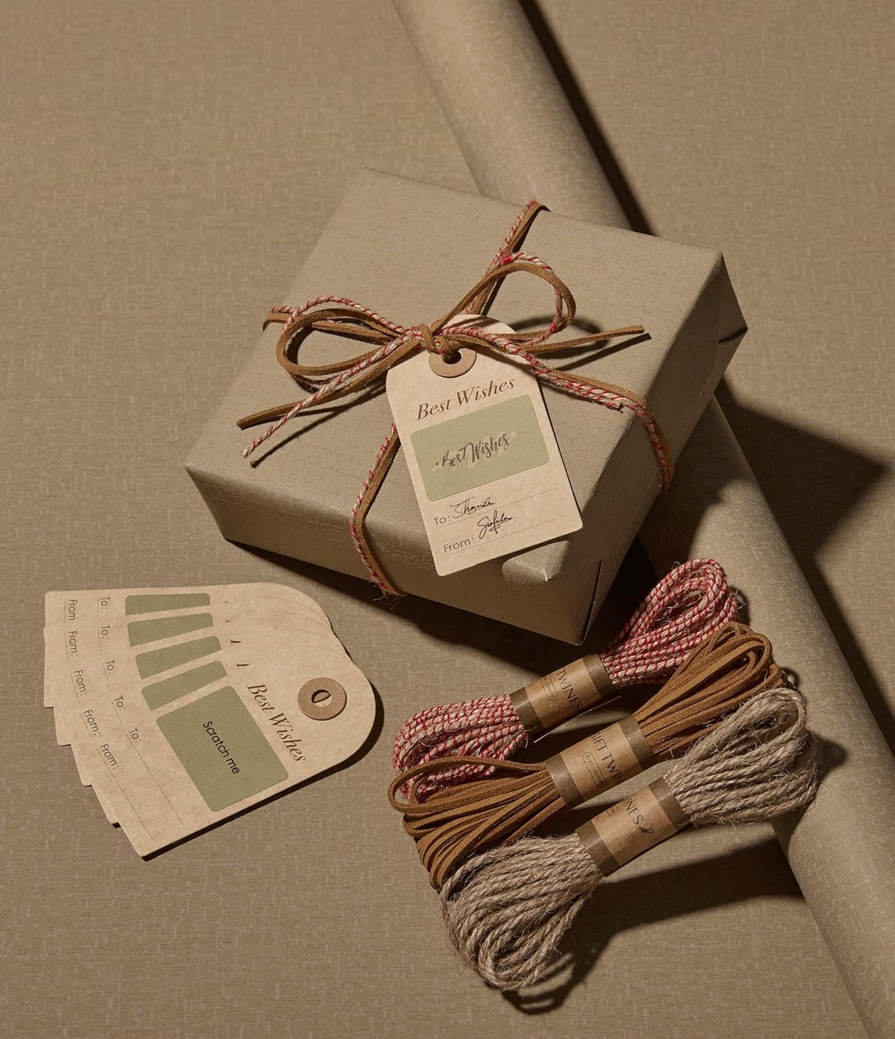 Vitalizart Textured Wrapping Paper Set 30" Roll Twine Ribbons & Tags Eco-Friendly Extra Thick All-in-One Kit Christmas Kraft Gift Wrap Birthday Baby Shower Wedding Crafts Beige Brown Ribbon 15 Yard Beige Brown Paper & Twine Ribbons Set 30 Inch