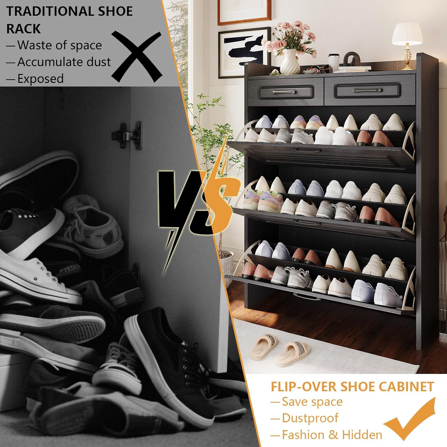 Shoe Cabinet with 2 Storage Drawers & 3 Large Flip Drawers for Entryway, Narrow Wood Shoe Storage Cabinet, Freestanding Hidden Shoe Organizer for Hallway, Living Room, Home & Apartment(Black)