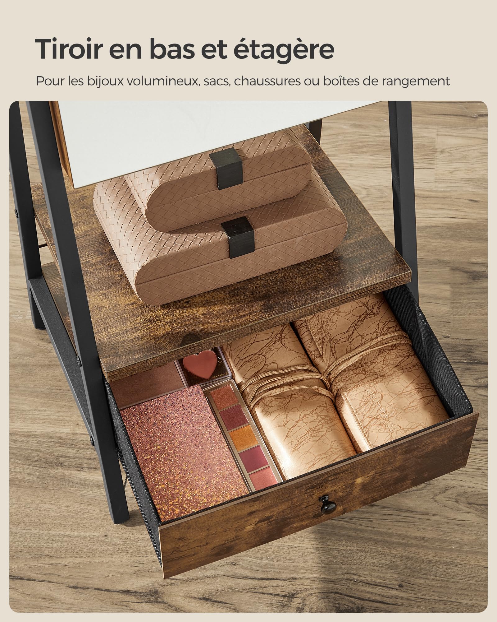 SONGMICS Armoire à bijoux LED sur pied, verrouillable avec miroir pleine longueur, organiseur de bijoux compact avec tiroir et étagère, idée cadeau, marron rustique JJC025X01