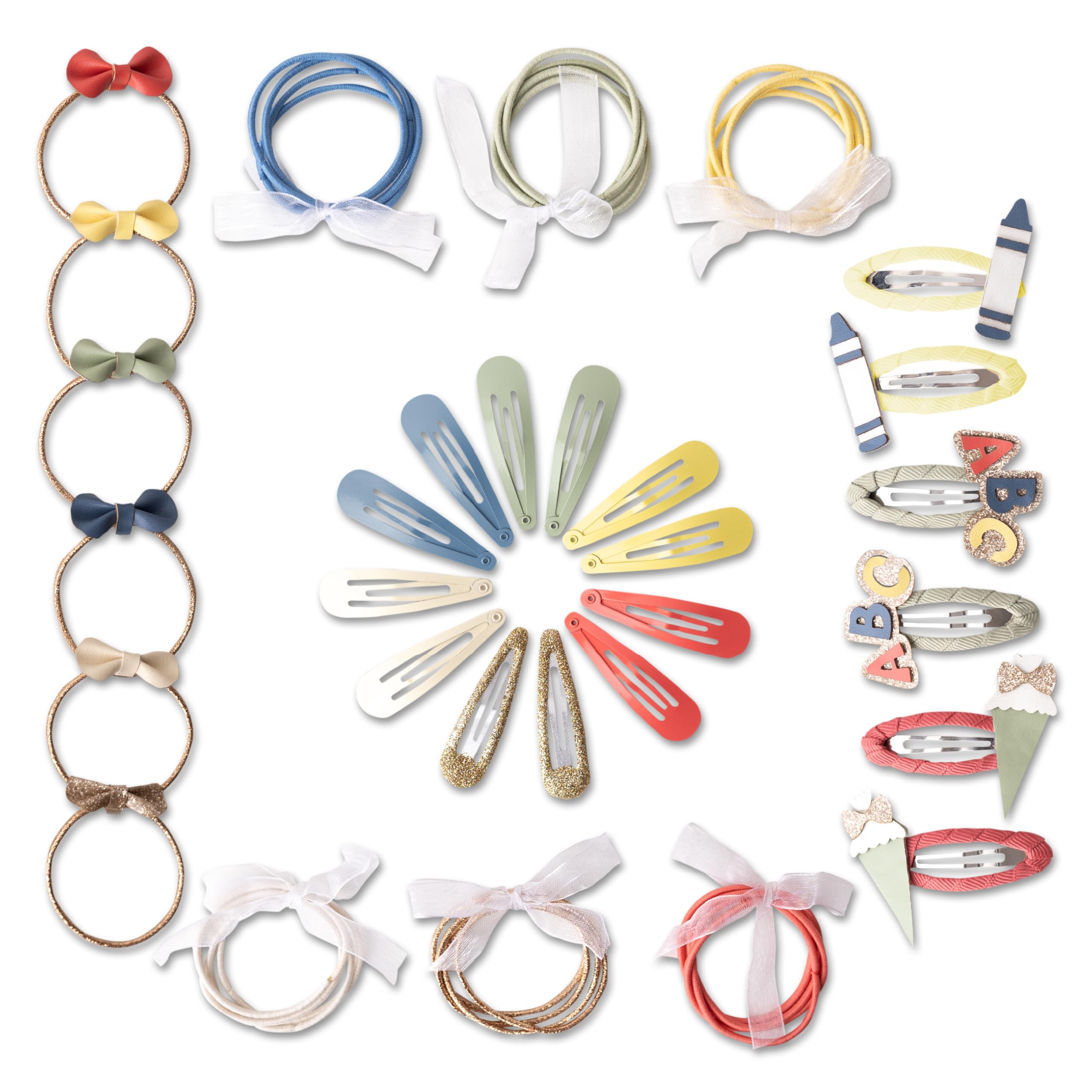Papierdrachen Hair Accessories Set, Perfect for Starting School, 48 Hair Clips and Hair Bobbles in Many Colours