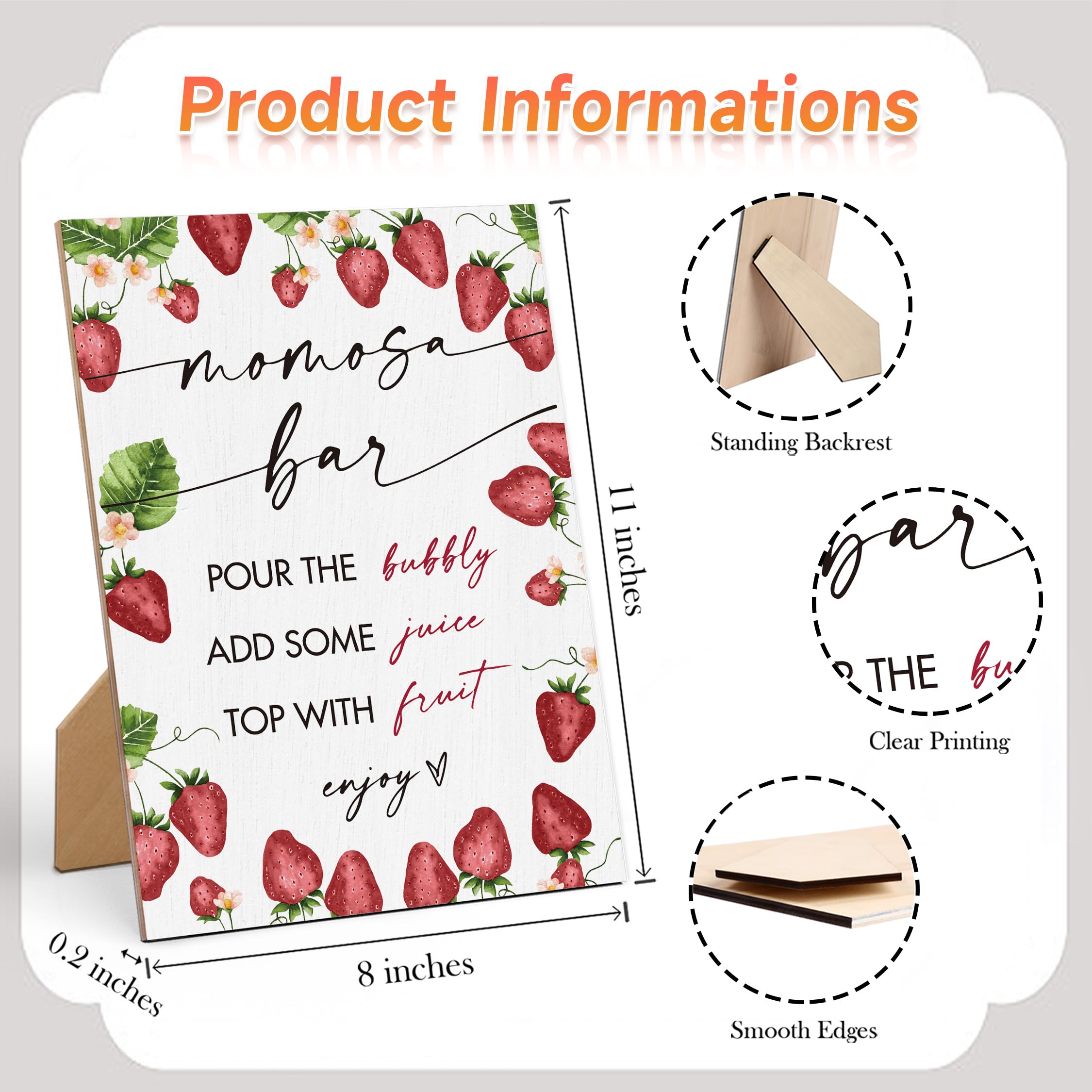 Mom-osa Bar Sign For Baby Shower - 8×11 Inch Strawberry Wooden Tabletop Decor, Gender Neutral Game Sign For Gender Reveal Parties