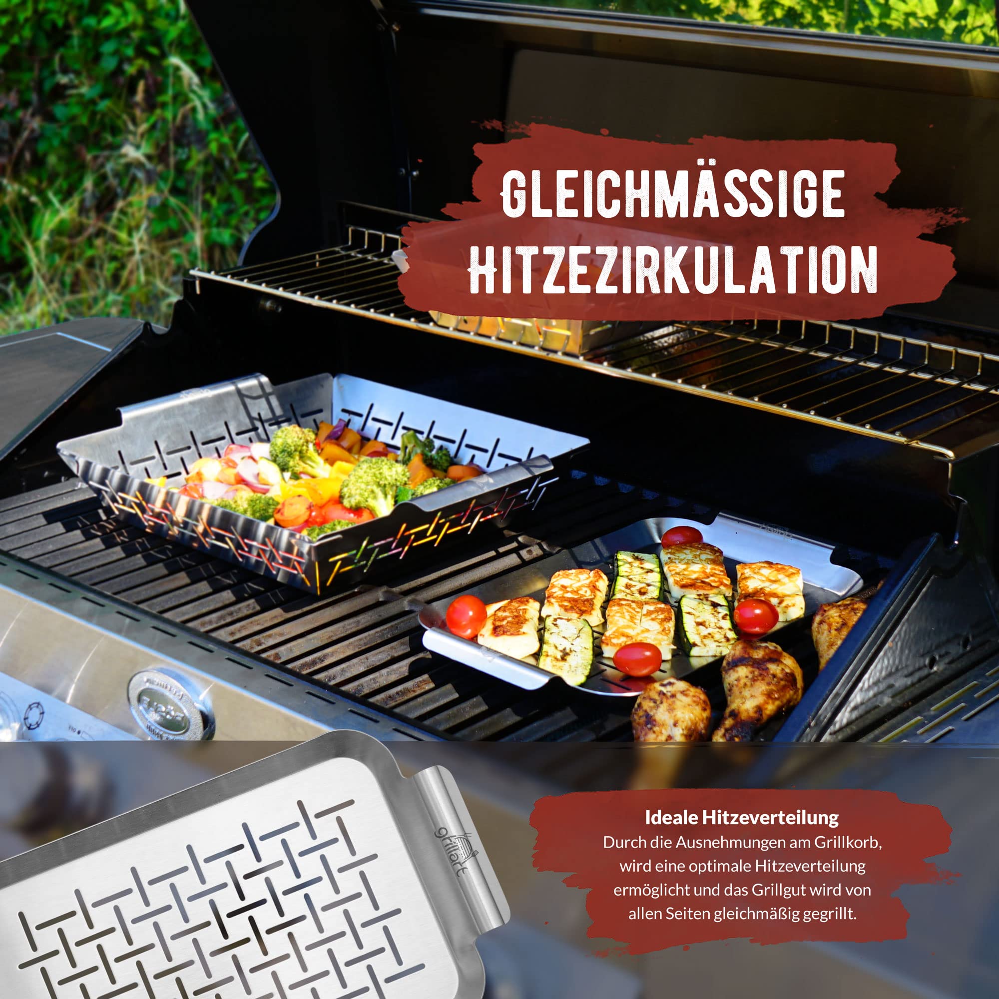 grillart® plat à griller en acier inoxydable de haute qualité utilisable comme panier à légumes, panier à poisson et plat pour brochettes - poêle particulièrement durable