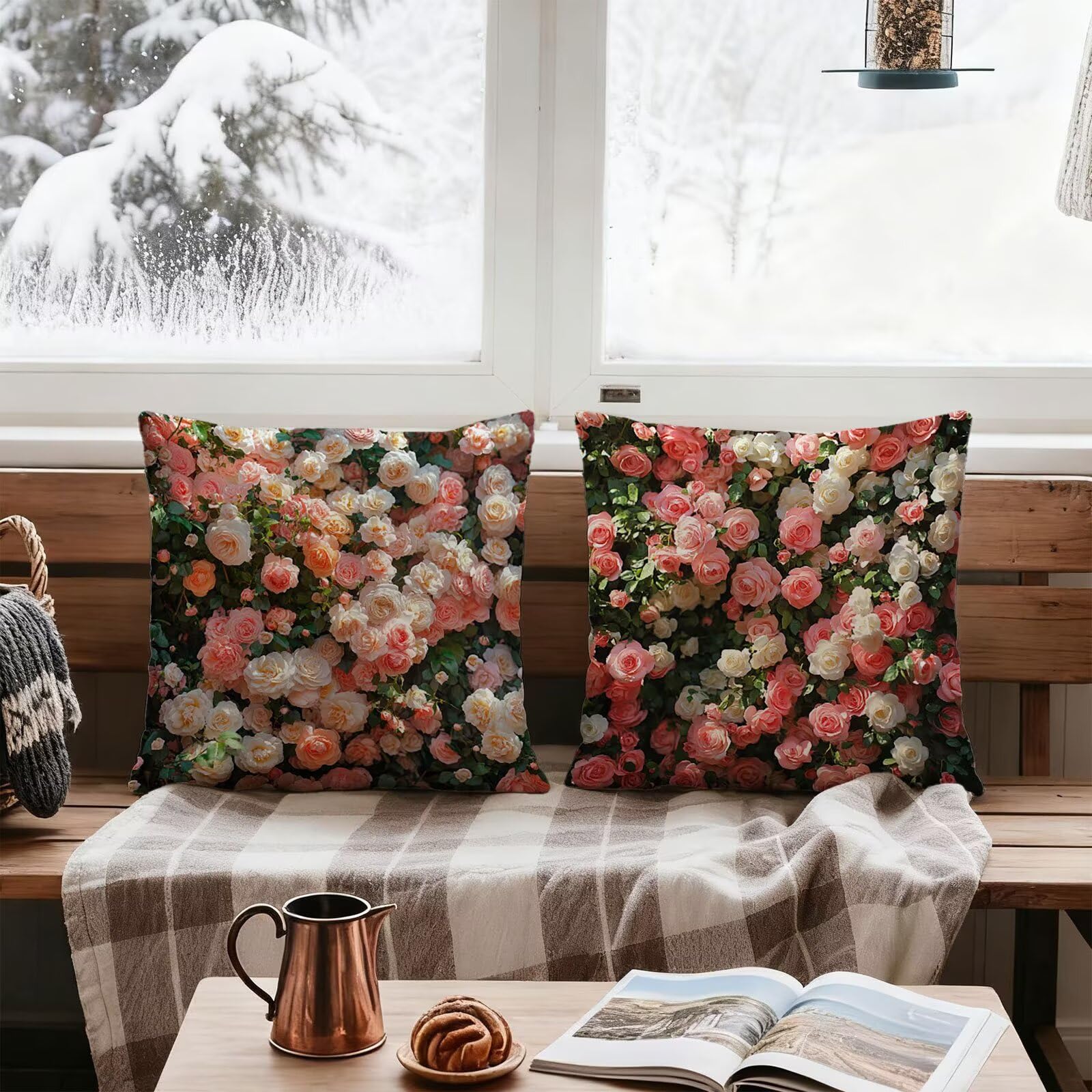 Rose Housse Coussin 60x60 Fleur Taie Oreiller 60x60 Lot de 4 Super Doux Protege Oreiller 60 x 60 Decoration Automne Taie D'oreiller Carrées Coussin Canape, pour Maison Chambre Canapé Chaise E - 530