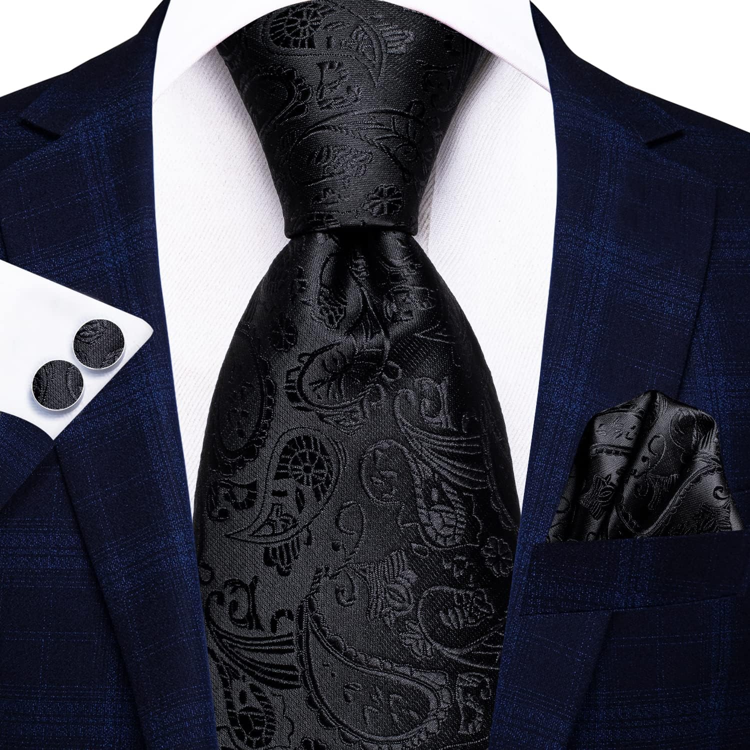 Hi-Tie Men's Suspenders and Tie Set Silk Adjustable Elastic Y Braces with Strong 6 Clips Pocket Square Set