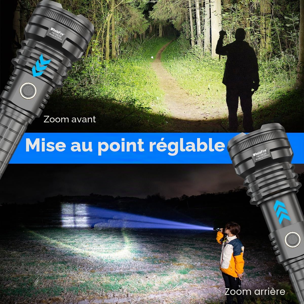 XHP90 Lampe de Poche LED Haute 90000 Lumens USB Rechargeable | Lampes Torches Zoomable avec Indicateur de Batterie pour Intérieur et Extérieur
