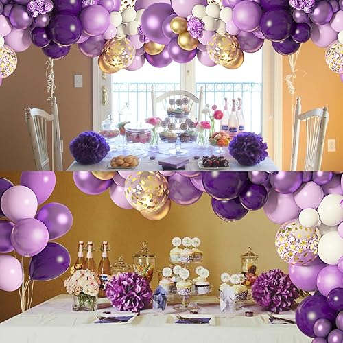 Miniatura 5 de Amandir Kit de arco de guirnalda de globos morados, 150 unidades, globos metálicos de látex de látex de confeti pastel claro, morado, dorado,
