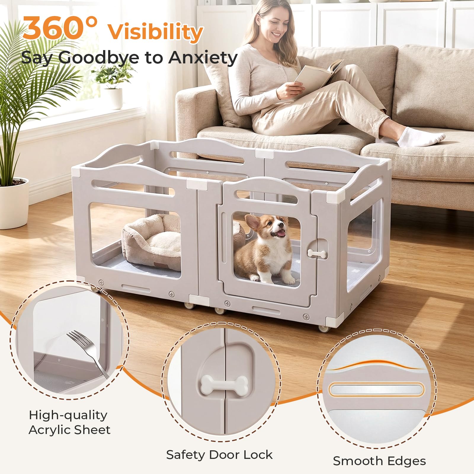 MAMIZO Recinto per Cani Acrilico 126 × 68 cm, Box per Cuccioli con Ruote e Base, Box per il Parto Cani con Cuscinetto Impermeabile, 5+1 PCS Pannelli Parco per Cani adatto Appartamento, Grigio Caldo