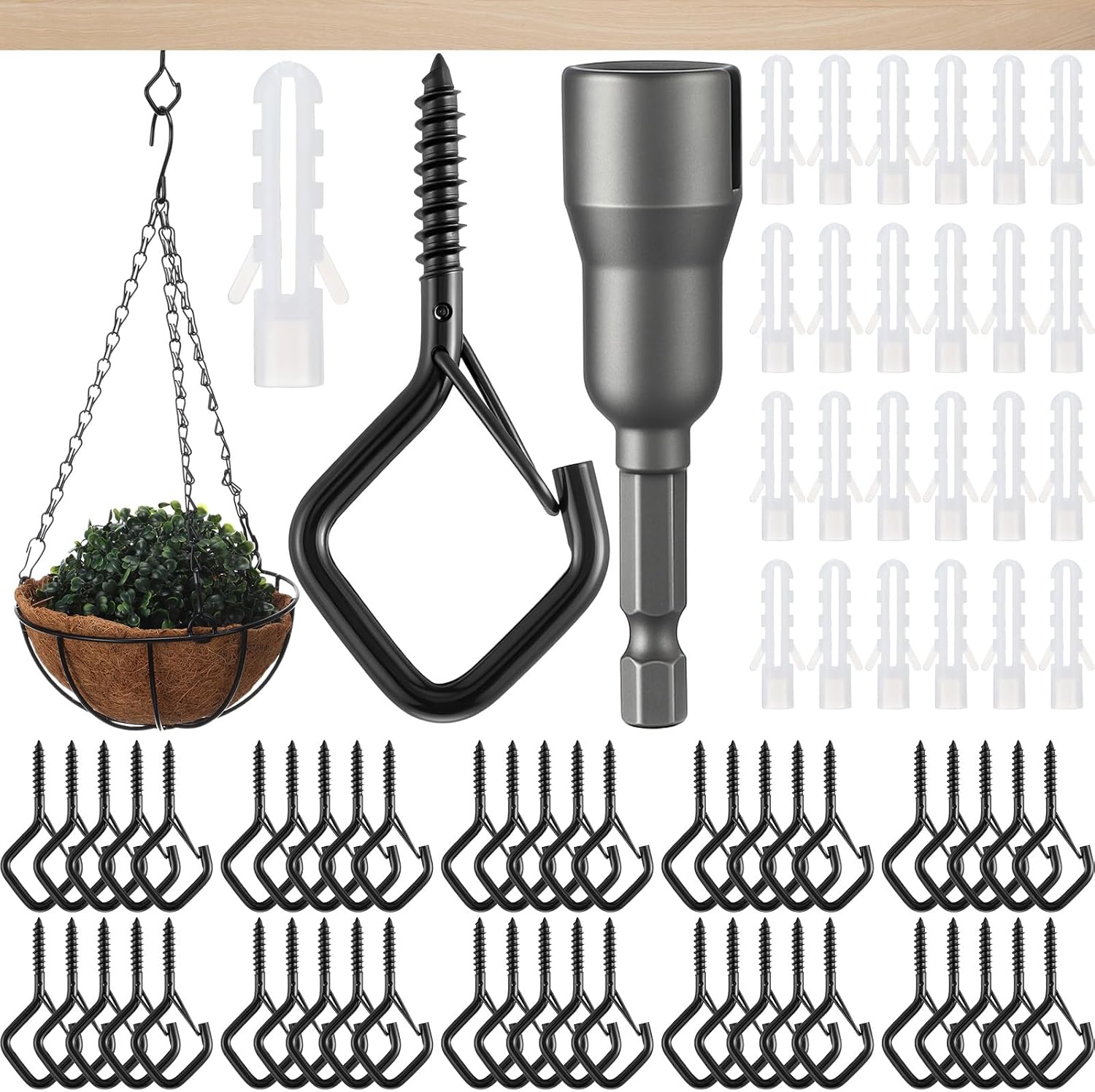 LEIFIDE 150 Pcs Heavy Duty Ceiling Hooks for Hanging Plants, Screw in Hooks with Safety Buckle for Outdoor String Light, Metal Plant Hook for Bird Feeder, Wind Chimes, Patio Garden Decor