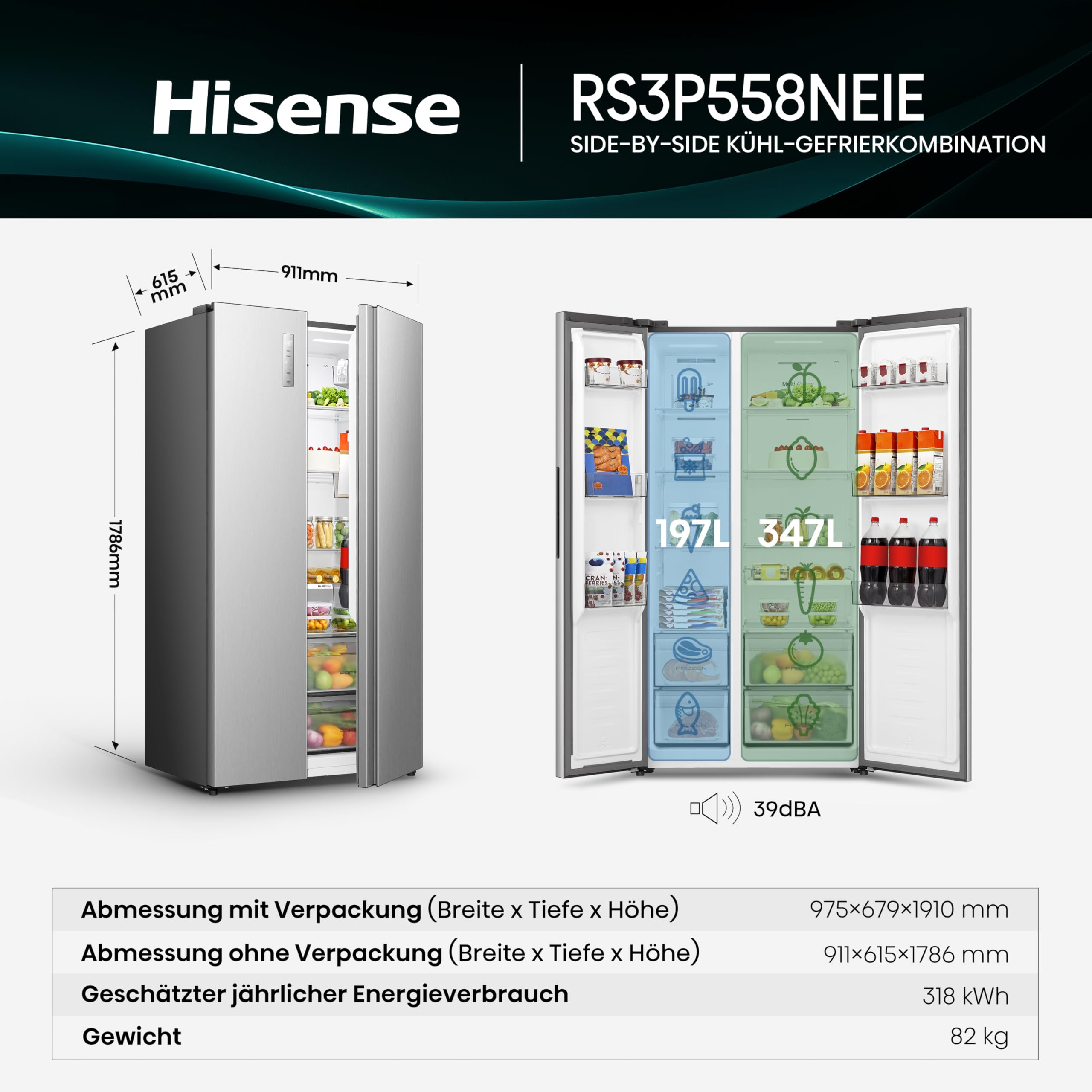 Hisense RS3P558NEIE Side-by-Side/ 544L/ Großes Fassungsvermögen/XXL Türfach/Multifunktionale Getränkeablage/Flat Duct/No Frost/SuperCool/BxHxT: 91,1×178,6×61,5cm/ Silber [Energieklasse E]