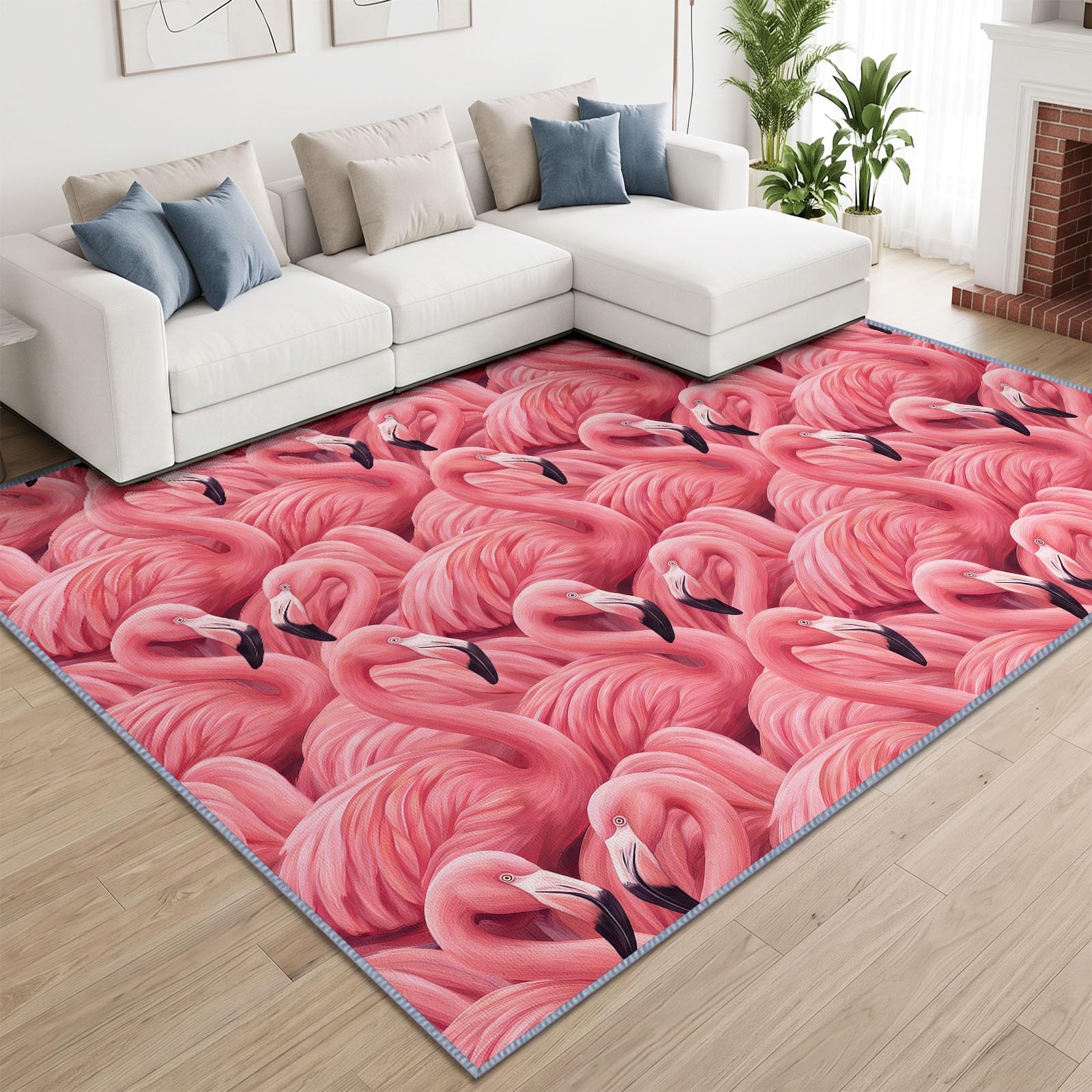 Tapis Lavable en Machine 120 x 180 cm Campagne Animaux Flamants Roses Tapis Antidérapant en Flanelle Idéal pour Enfants et Animaux – Moquette de Chambre Doux, Poils Courts, Entretien Facile, Rose