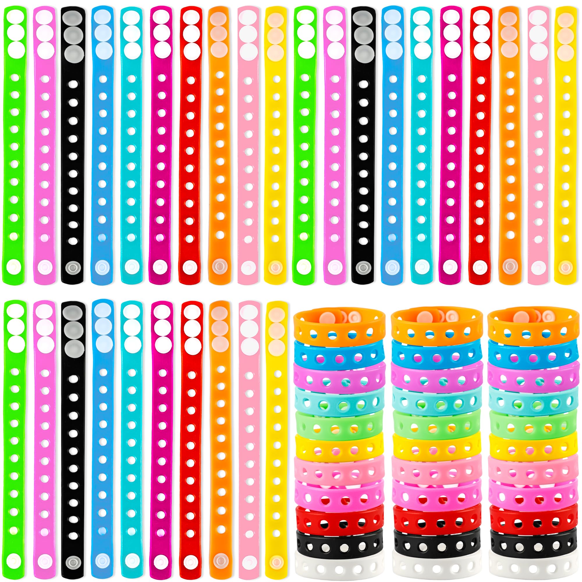Flahard 66 Pcs Silicone Charm Bracelets Adjustable Cute Kids Rubber Bracelets Bulk Colorful Wristbands with Holes for Shoe Birthday Party Gifts Identify, 11 Colors