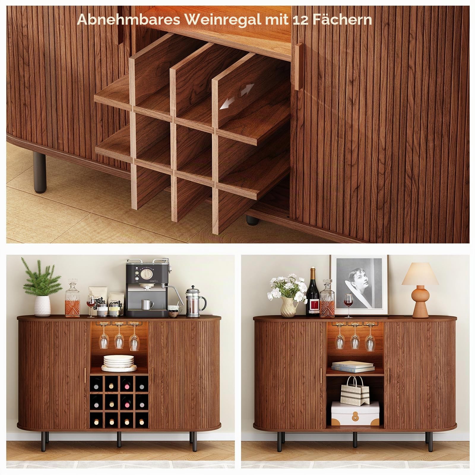 ONBRILL 140 cm Weinbar-Schrank mit LED-Licht, moderne Whiskey-Kaffeestation mit Weinregal und Glashalter, Bauernhaus-Buffet-Sideboard mit Stauraum für Wohnzimmer, Küche, Eingangsbereich (Walnuss)