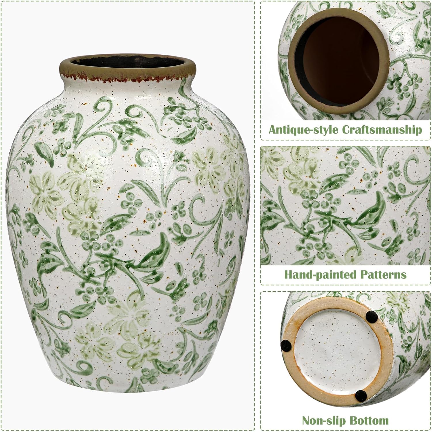 8.2 inch Green and Beige Vintage Ceramic Vase, Chinoiserie Floral Vase, Farmhouse Rustic Ceramic Retro Large Vases for Home Table Bookshelf Kitchen Living Room Office Balcony Christmas