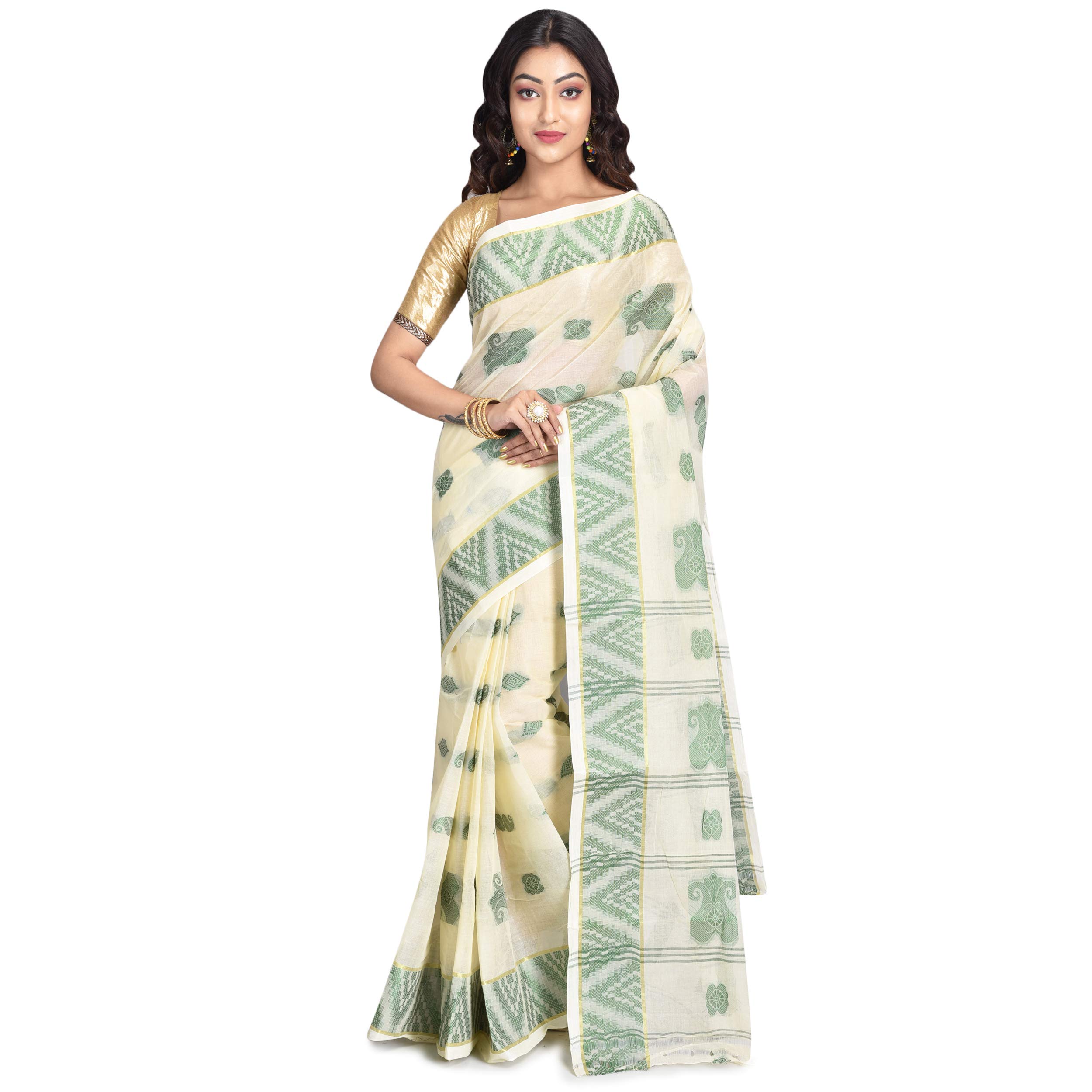 RAJ SAREE HOUSEWomen Tant Woven Cotton Handloom Saree With Blouse Piece(White-Green)