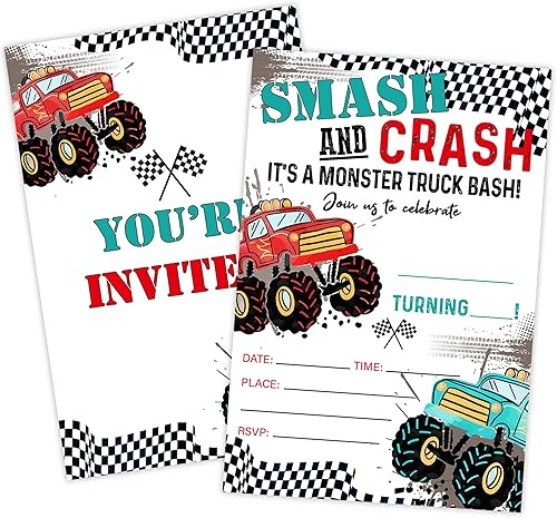 Miniatura 1 de 20 invitaciones de fiesta de cumpleaños de Monster Truck con sobres, invitación de fiesta de aplastamiento y choque, tarjetas de invitación de