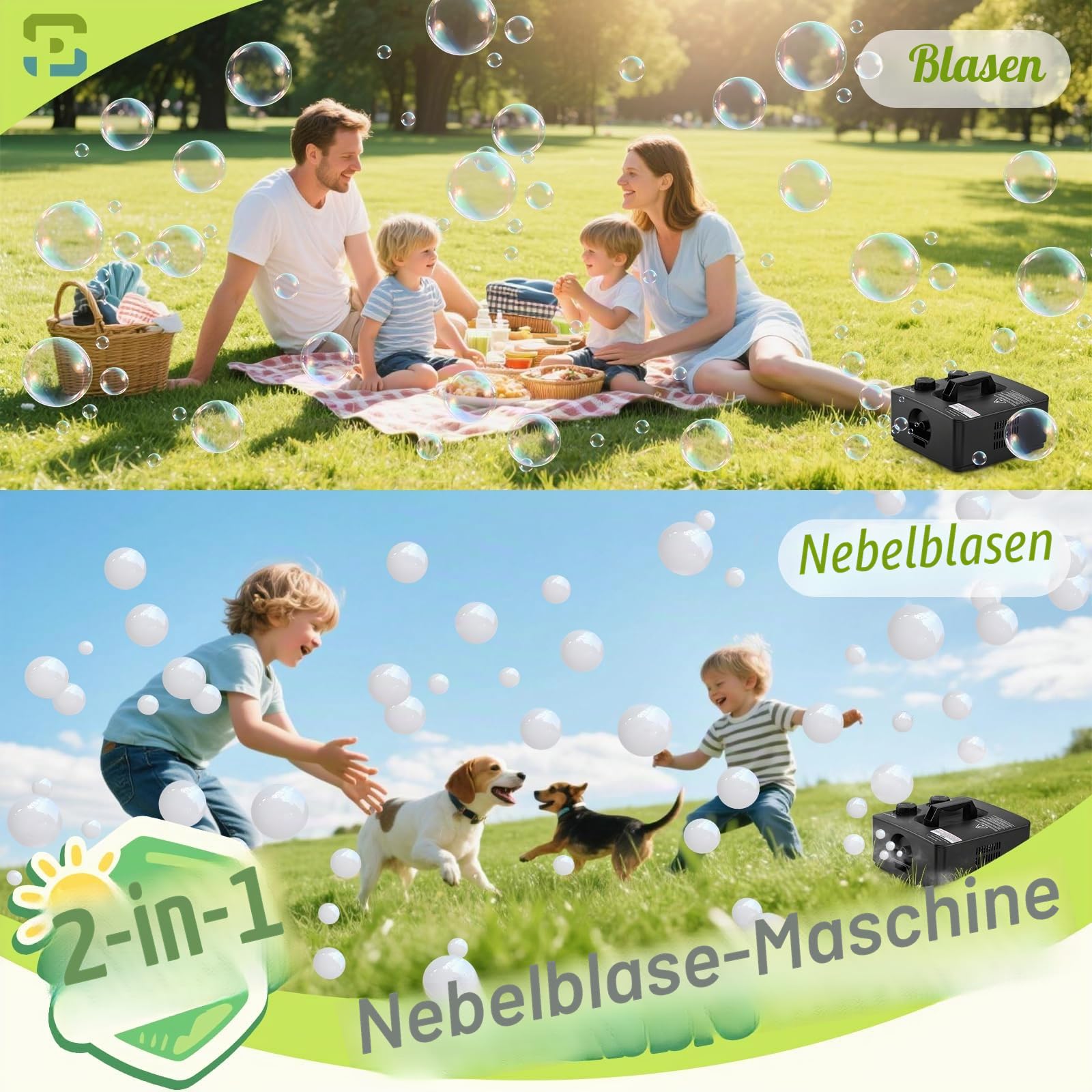 Nebelblasenmaschine Rauchmaschine mit Blasen, 400 W, automatischer Seifenblasenmacher, Blasen/Nebelblasen, Zwei Modi für Party, Bühne, Hochzeit, Halloween, Weihnachten