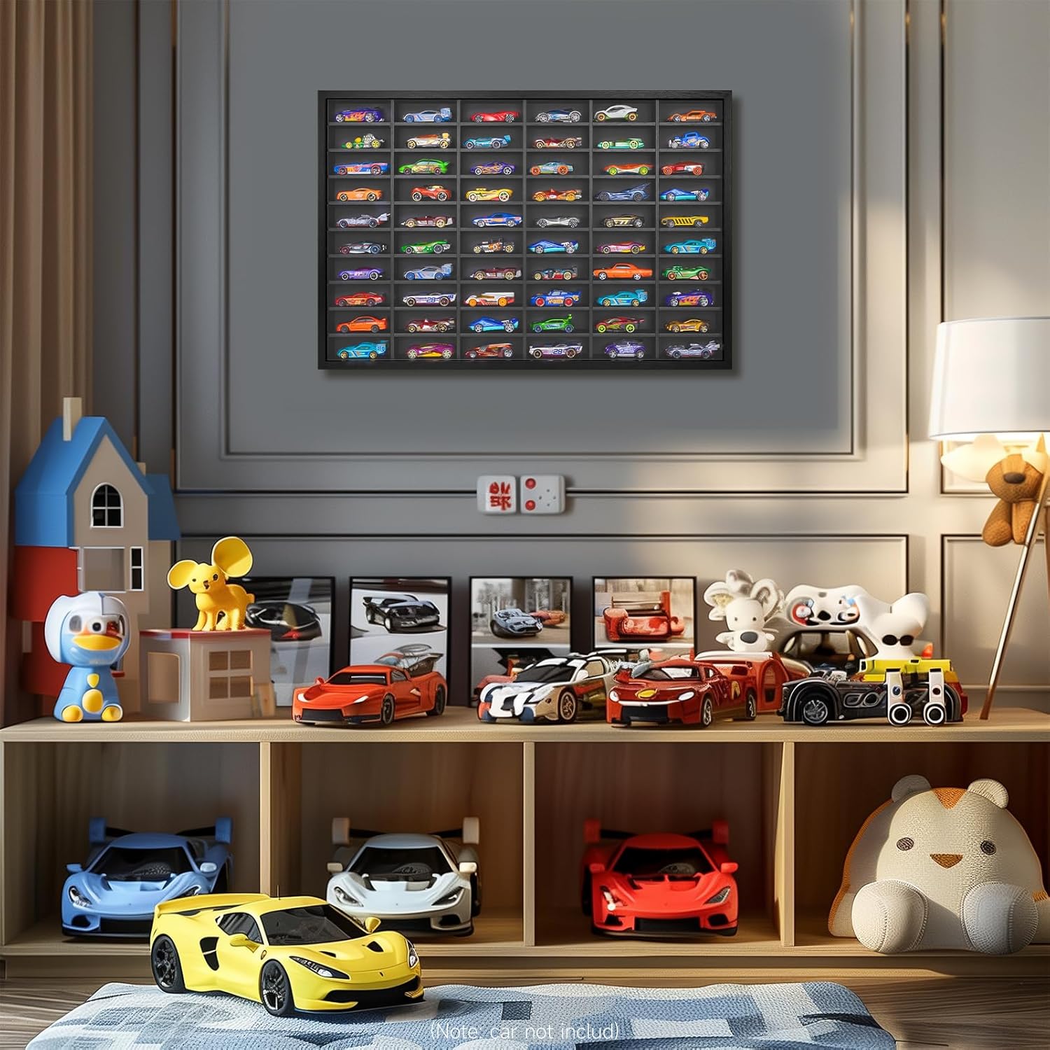 SIXPOINTS Diecast Model Car Display Case ,1/64 Scale Hot Wheels, Matchbox Toy Cars Organizer Storage Cabinet Wall Mount with Acrylic Glass Door, Stores up to 60 Cars